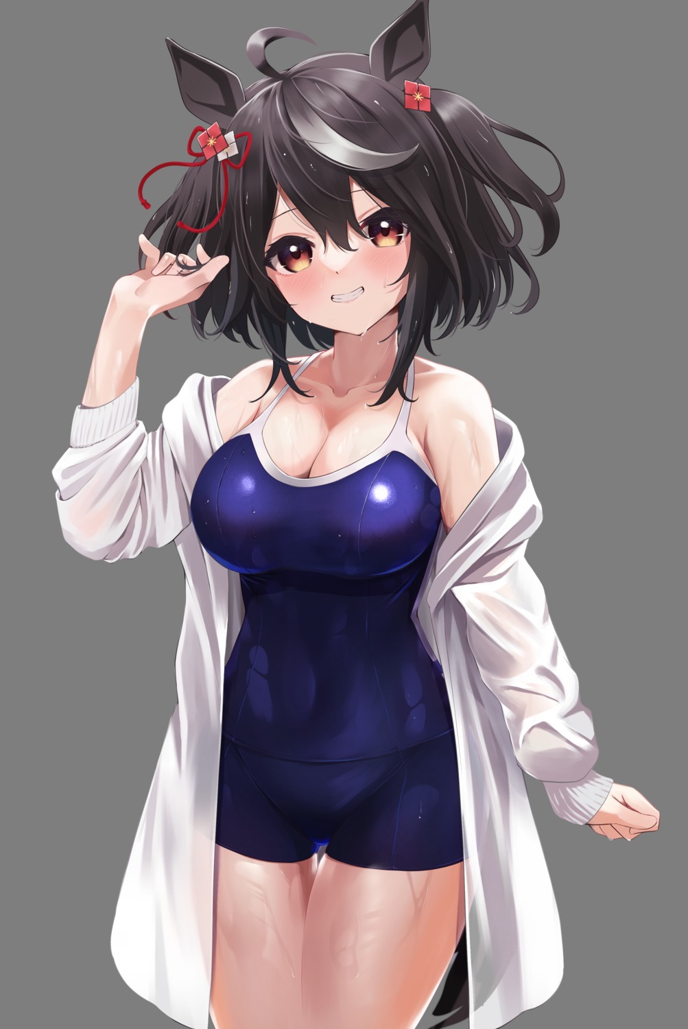 animal_ears cleavage kitasan_black_(umamusume) koisuke school_swimsuit see_through swimsuits tail transparent_png uma_musume_pretty_derby wet wet_clothes