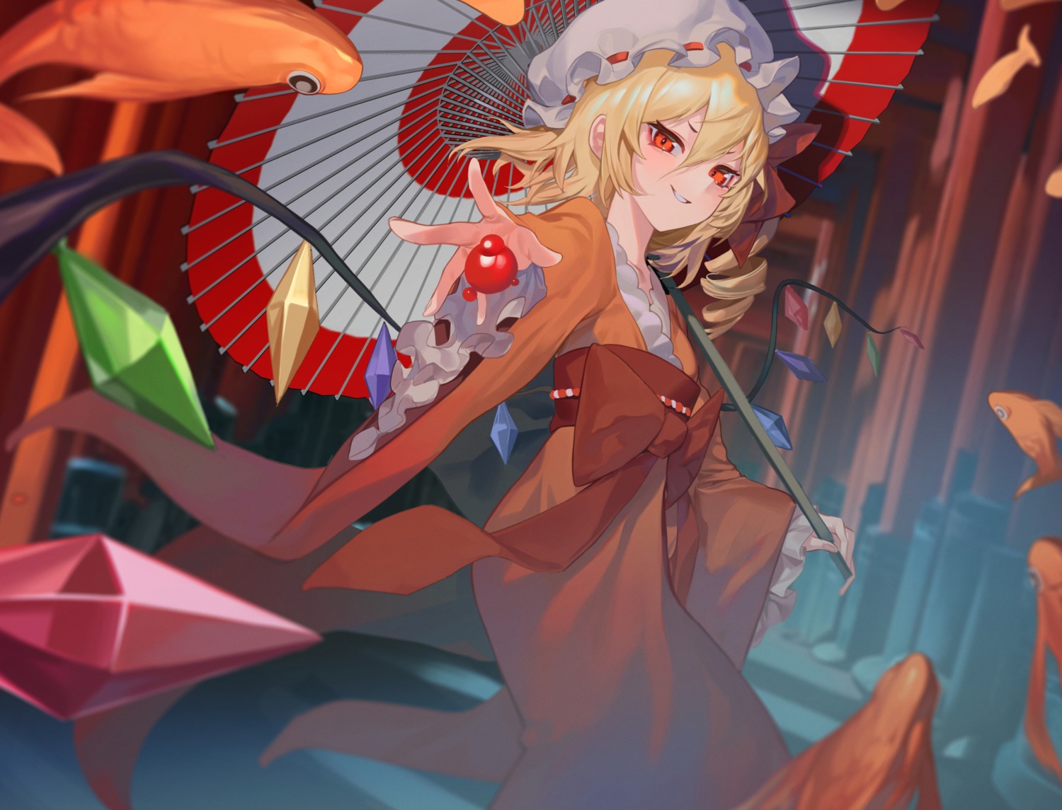 flandre_scarlet japanese_clothes sb_lama touhou umbrella wings