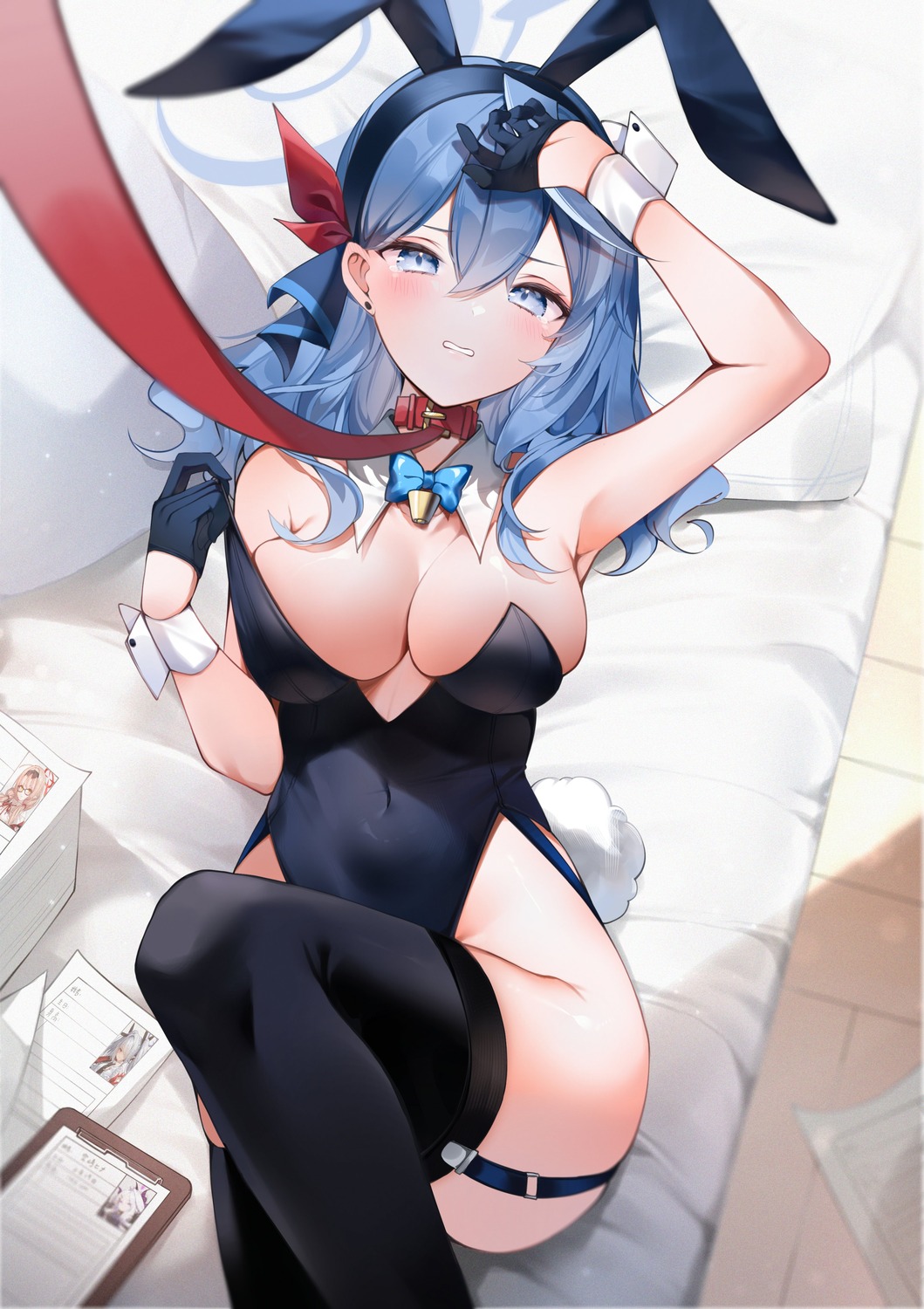 amau_ako animal_ears blue_archive bunny_ears bunny_girl halo no_bra stockings tail thighhighs undressing yukineko1018