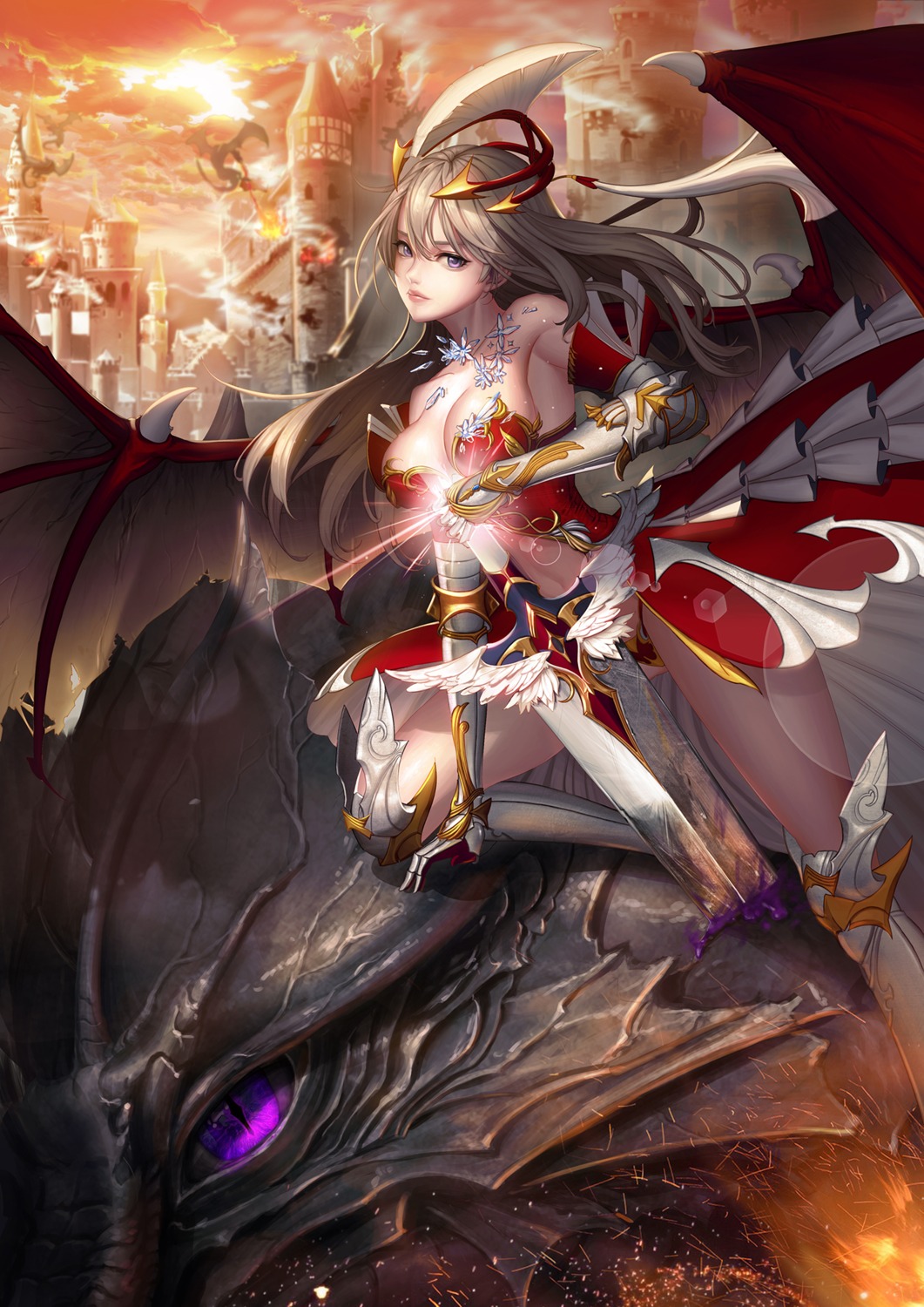 armor cleavage monster no_bra pantsu rorr sword wings