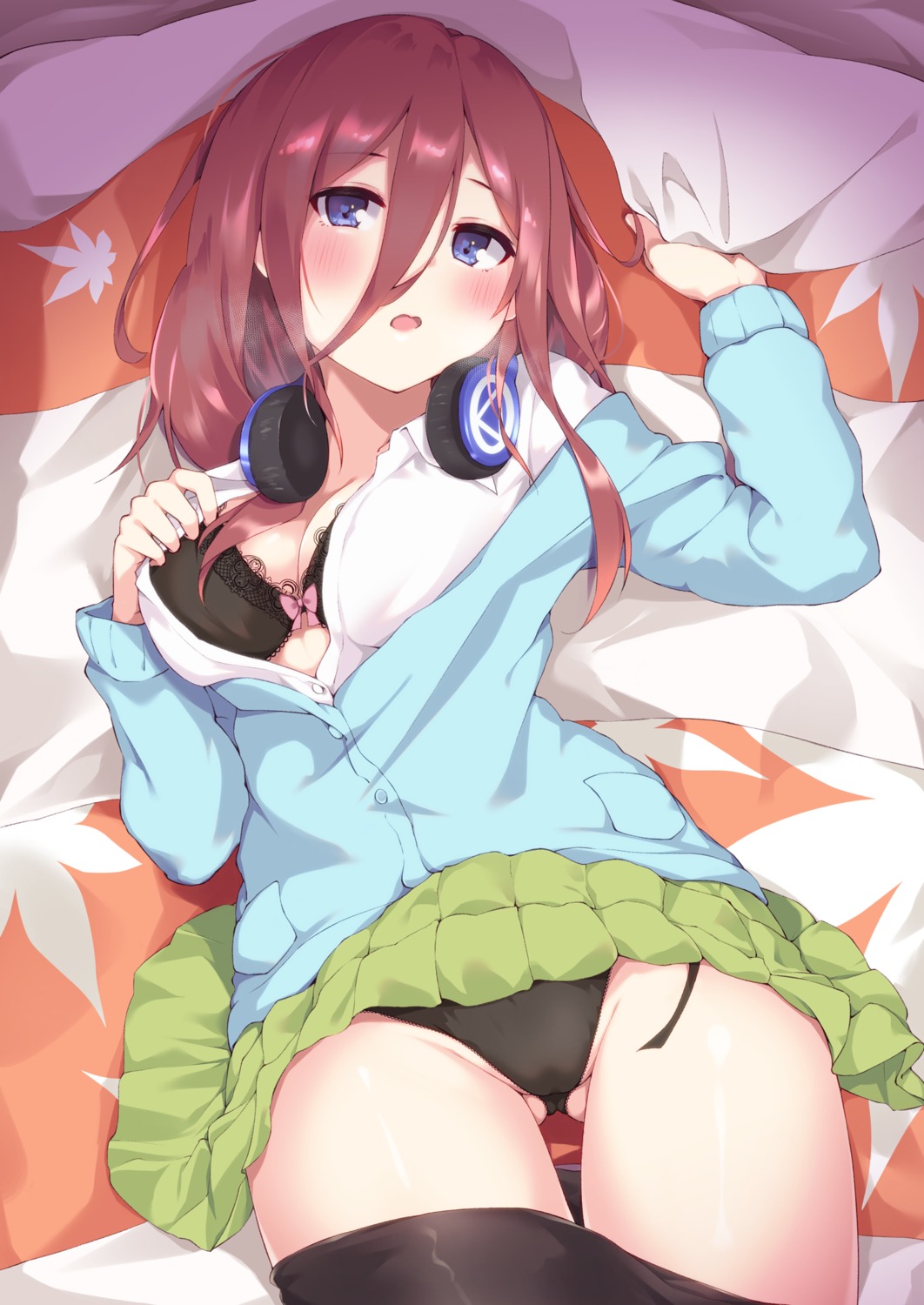 5-toubun_no_hanayome bra bushinofuji cameltoe cleavage headphones nakano_miku open_shirt pantsu pantyhose seifuku skirt_lift sweater undressing