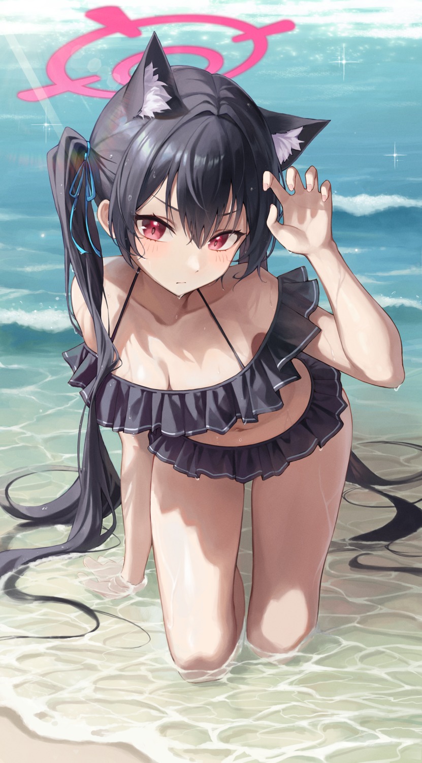 animal_ears bikini blue_archive cleavage halo kuromi_serika nekomimi swimsuits wet yeorem