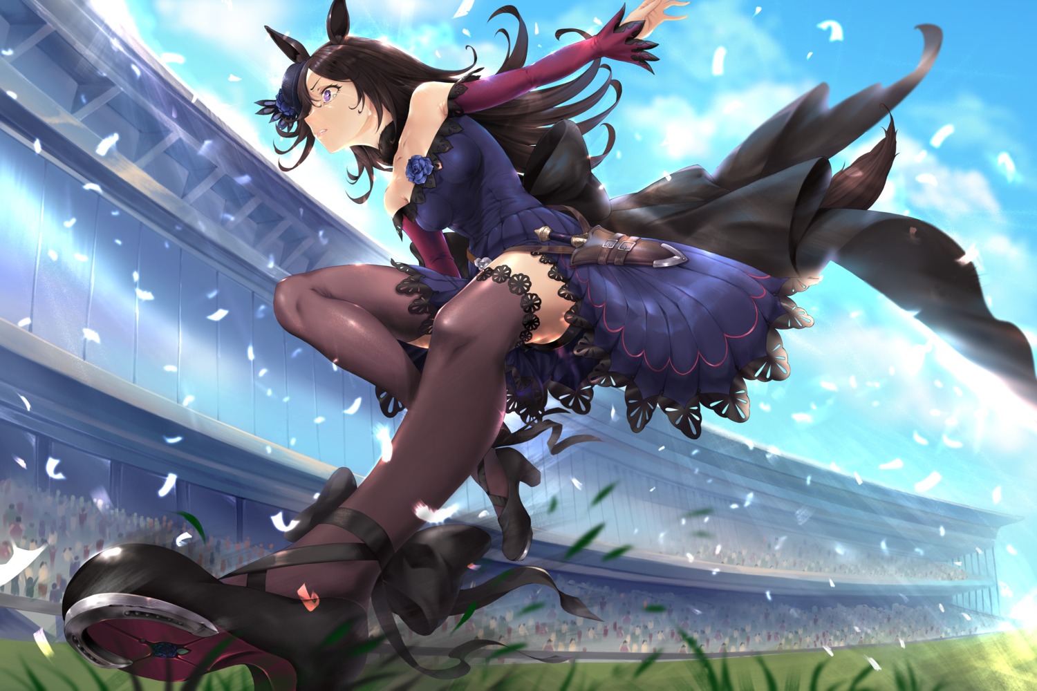 animal_ears dress heels name1122 no_bra pantsu rice_shower_(umamusume) skirt_lift tail thighhighs uma_musume_pretty_derby weapon