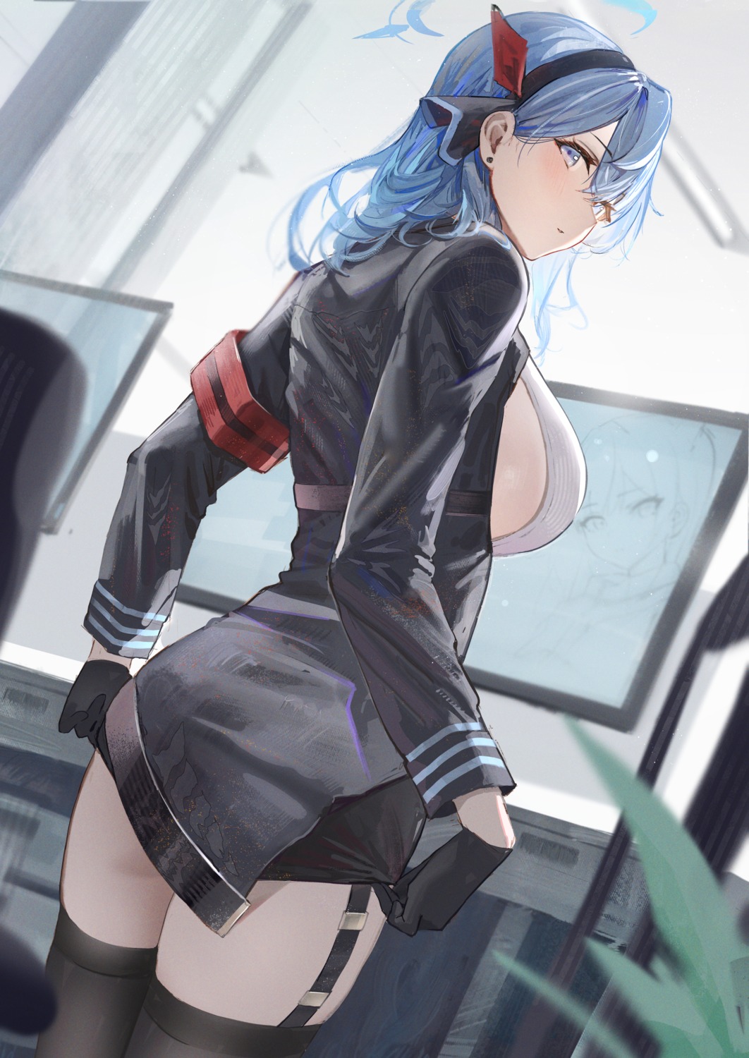 amau_ako ass blue_archive halo hidulume no_bra stockings thighhighs uniform