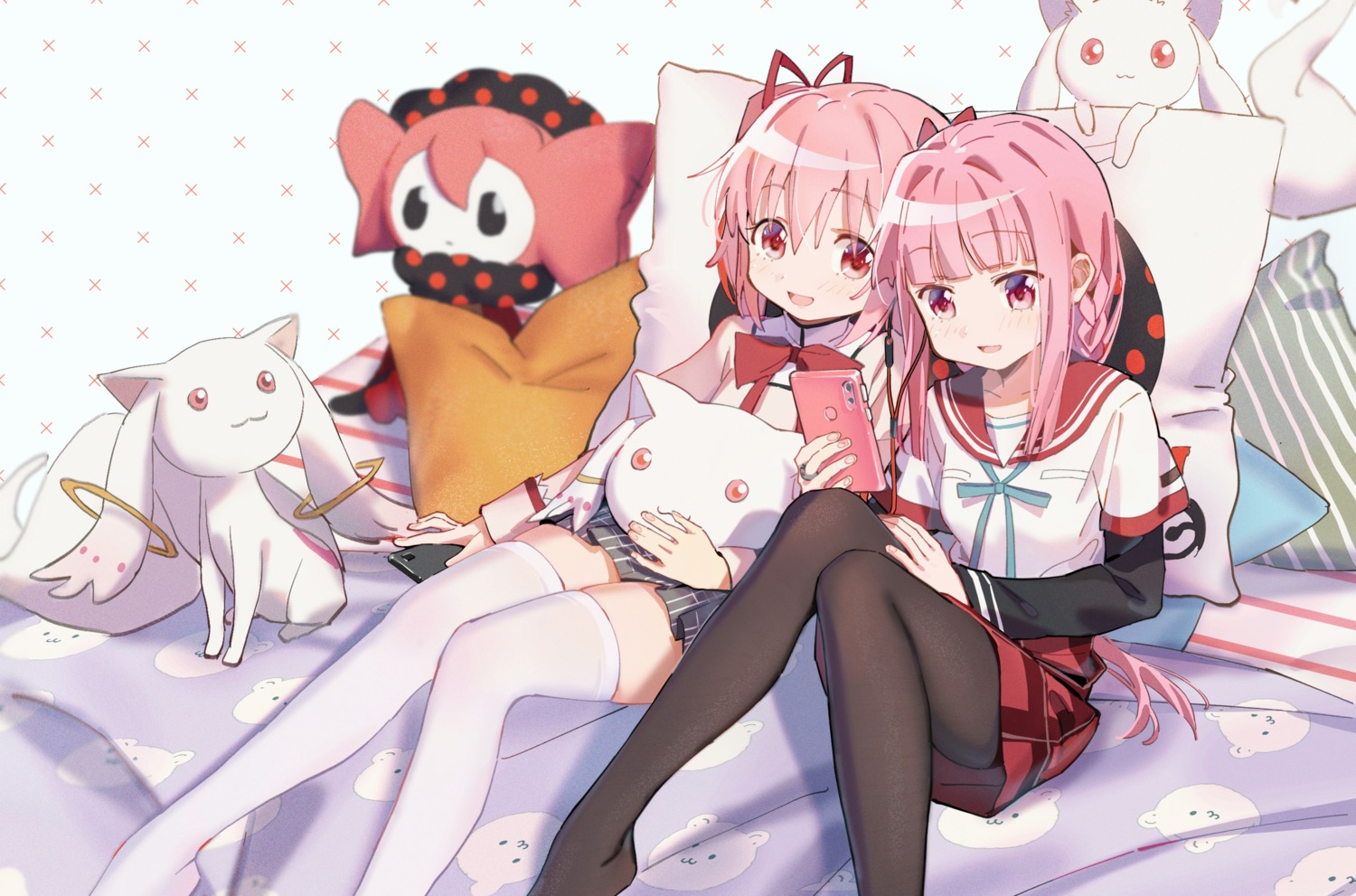 charlotte_(madomagi) hei_yan-m82a1 kaname_madoka kyubey little_kyubey magia_record:_mahou_shoujo_madoka_magica_gaiden mahou_shoujo_madoka_magica pantyhose seifuku skirt_lift tamaki_iroha thighhighs