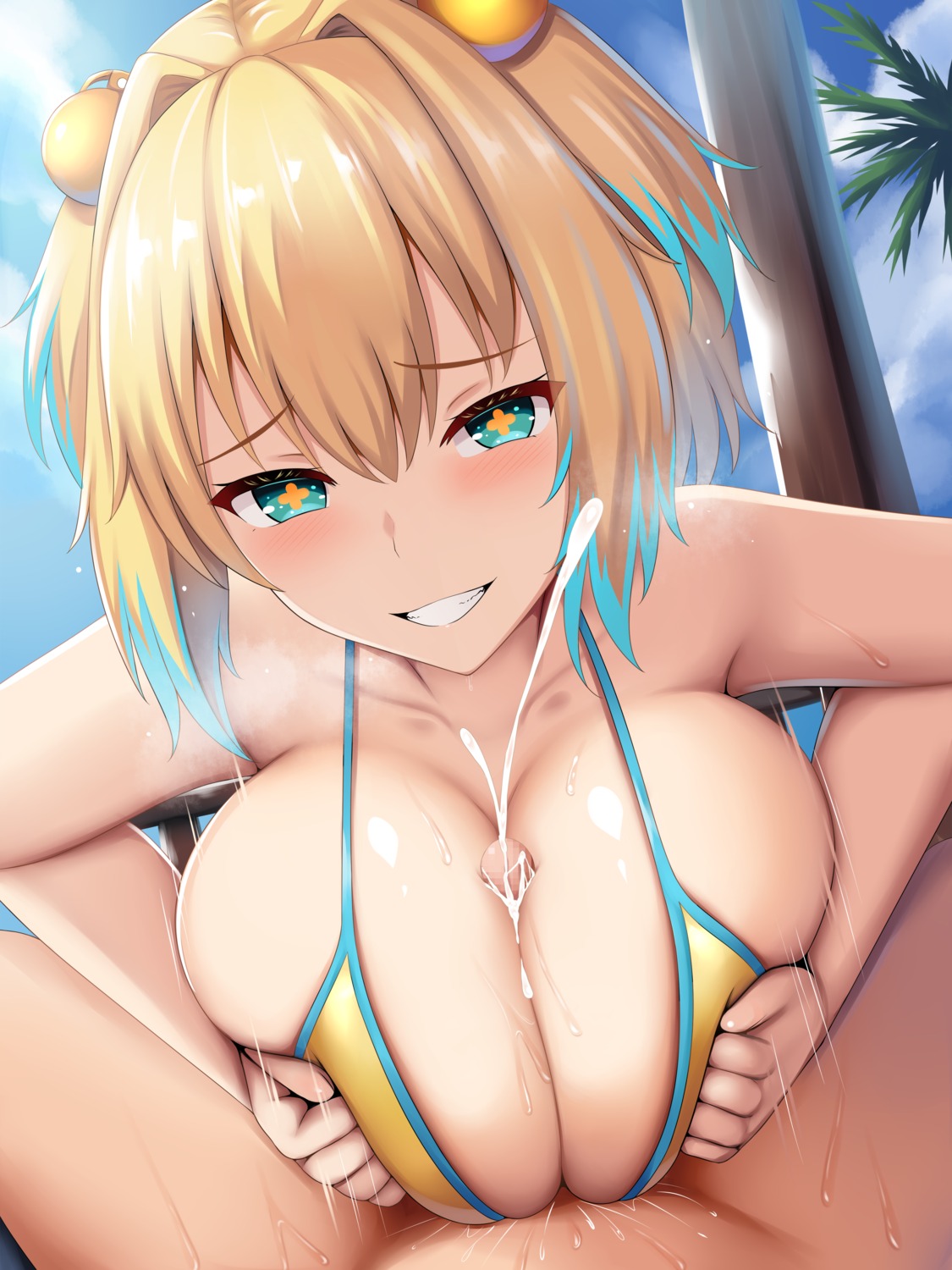 bikini_top bomber_girl breast_hold censored cum paizuri penis pine_(bombergirl) renetan swimsuits