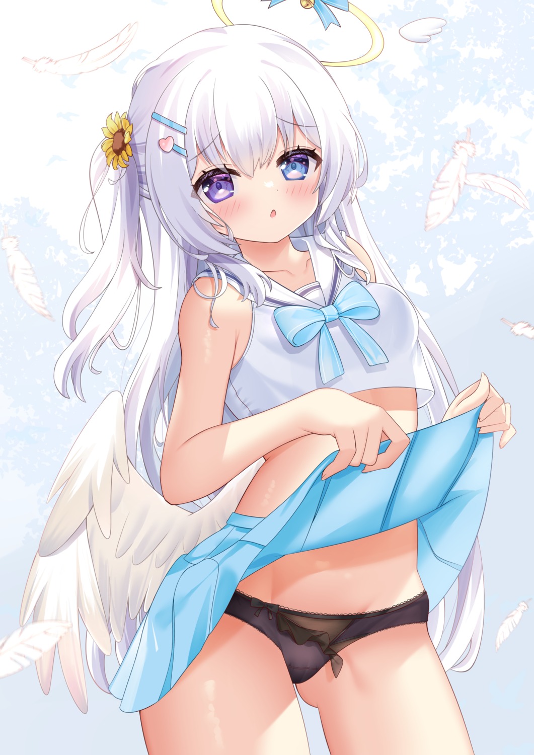 angel heterochromia hiyada_yuu pantsu seifuku skirt_lift wings