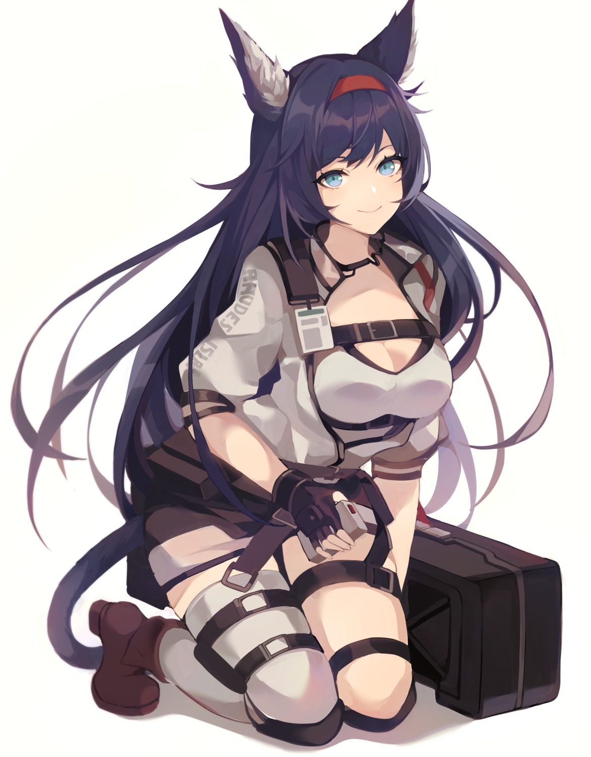 animal_ears arknights blaze_(arknights) cleavage garter saibe tail thighhighs