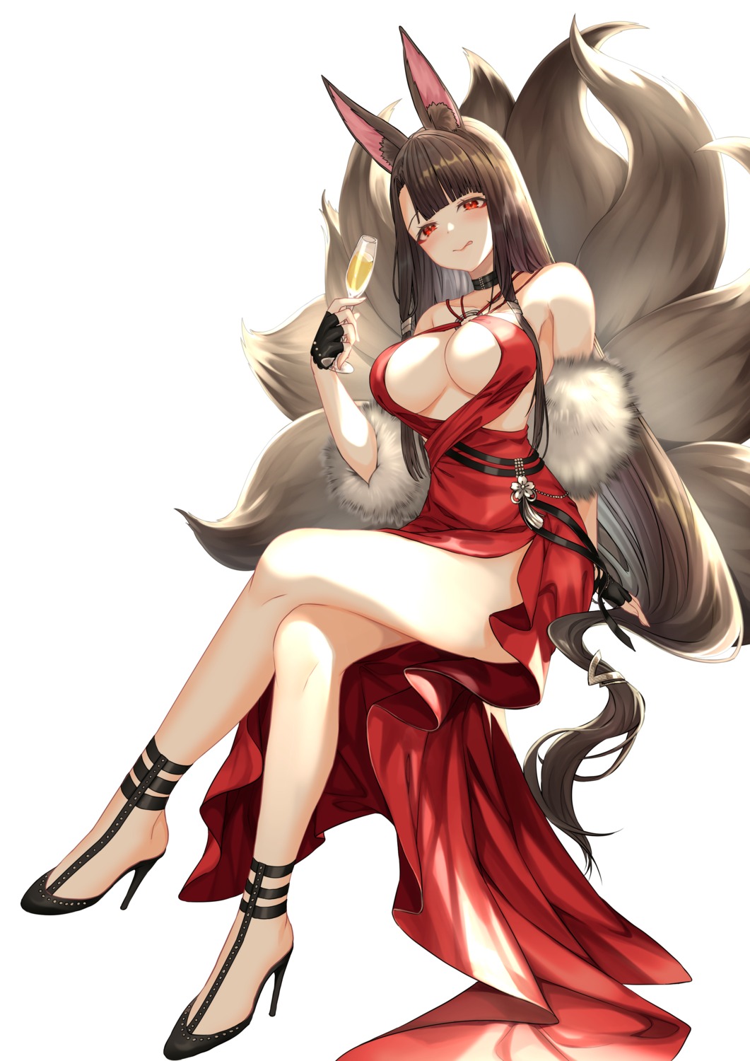 akagi_(azur_lane) animal_ears azur_lane dress heels kitsune no_bra tail teltelhousi