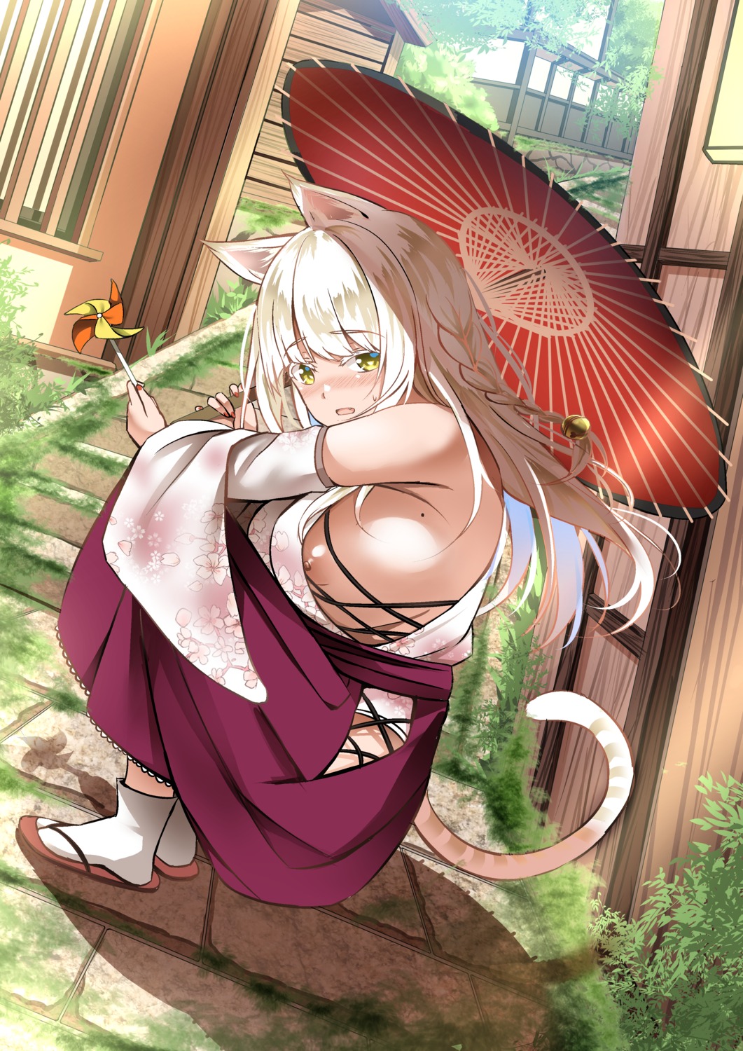 animal_ears japanese_clothes kinata7 nekomimi nipples no_bra tail umbrella