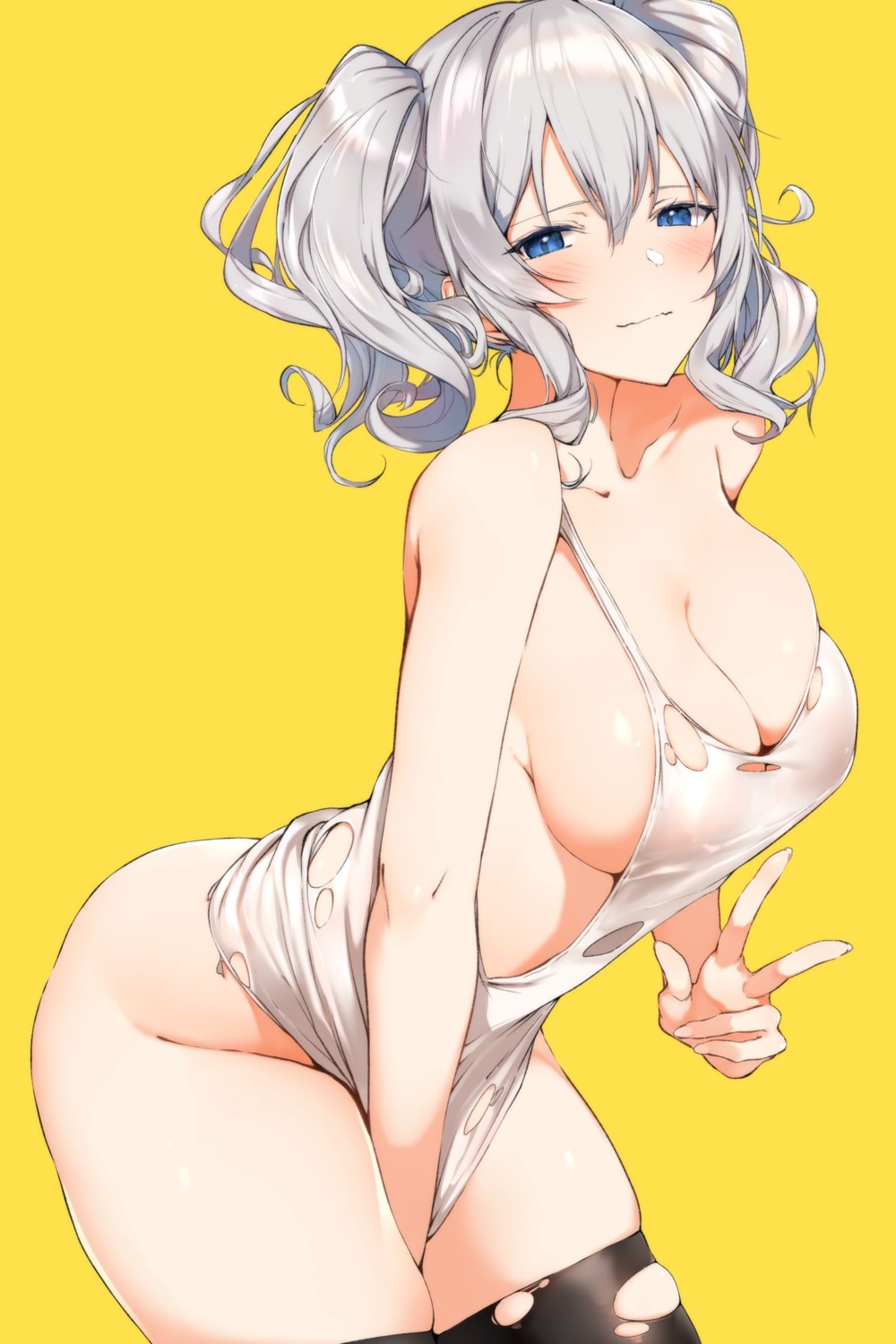 bottomless hechi_(hechi322) kantai_collection kashima_(kancolle) no_bra thighhighs torn_clothes