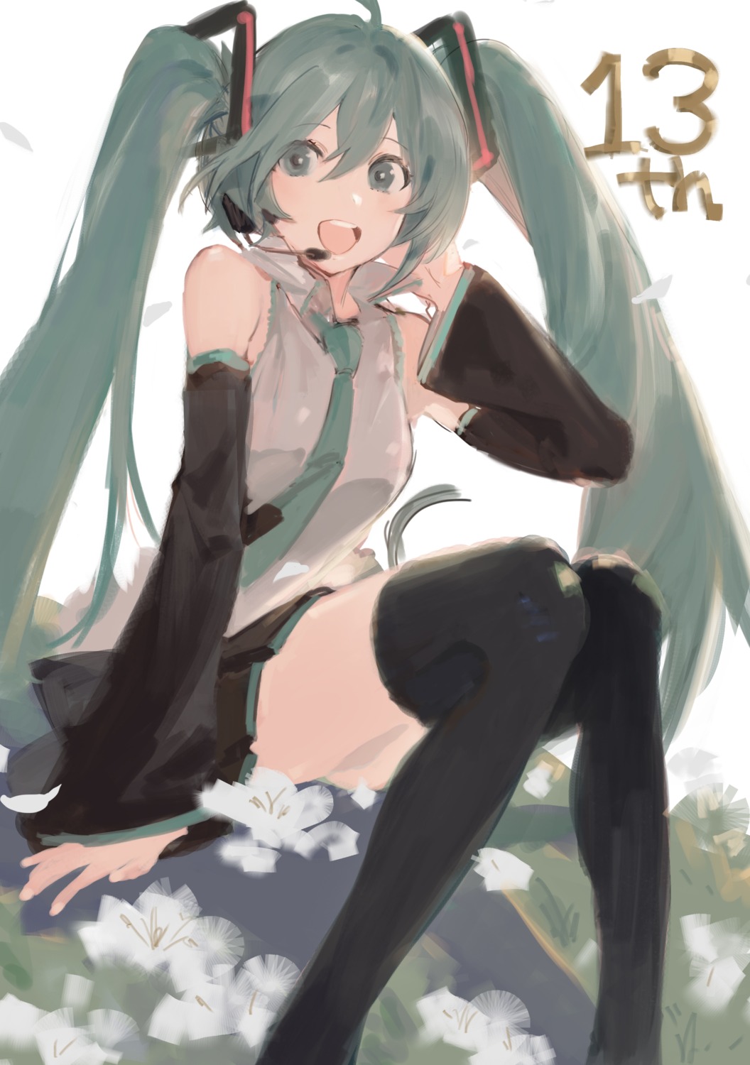 hatsune_miku headphones seifuku skirt_lift thighhighs tsuiru vocaloid