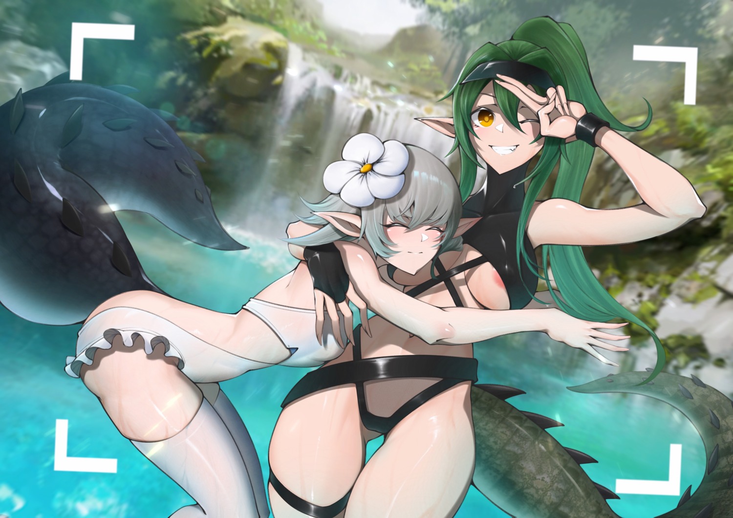 areola arknights garter gavial_(arknights) ghosty pointy_ears see_through swimsuits tail thighhighs tomimi_(arknights) wet