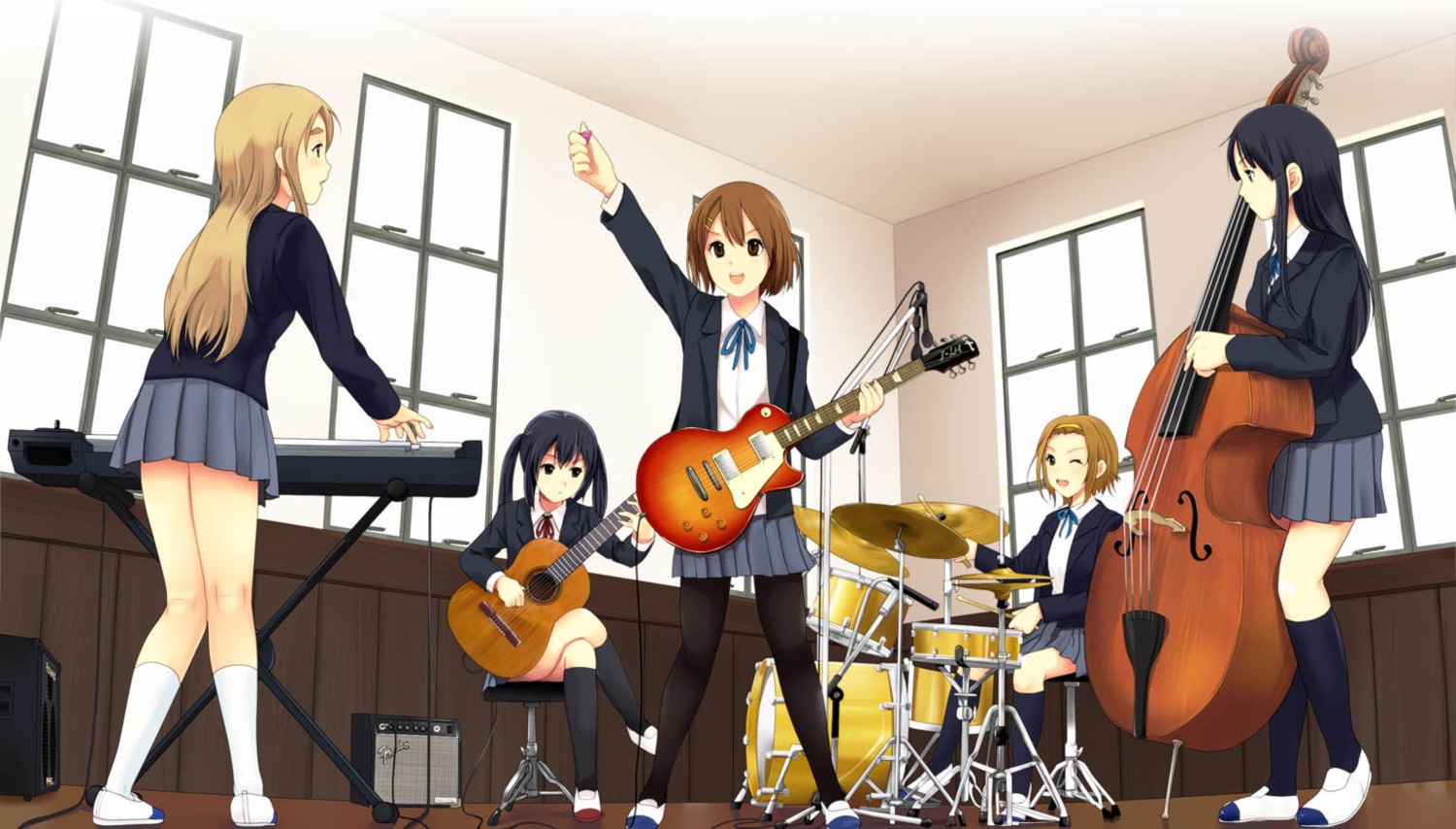 akiyama_mio guitar hirasawa_yui k-on! kotobuki_tsumugi munakata nakano_azusa pantyhose seifuku tainaka_ritsu