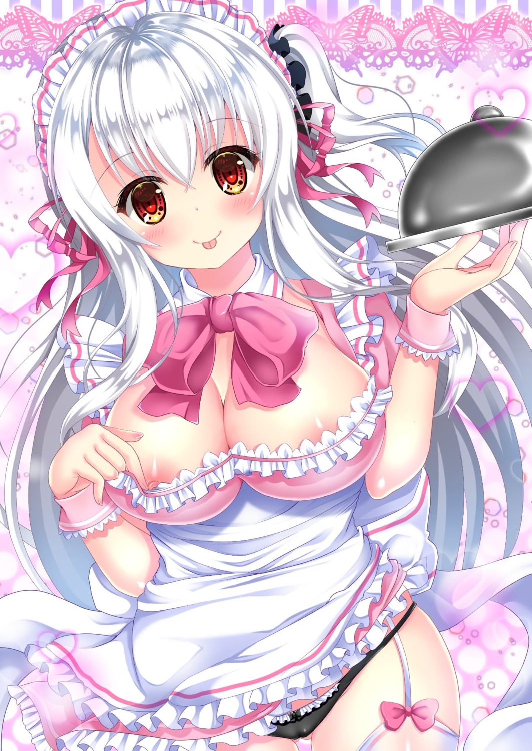 areola breast_hold cameltoe maid nipple_slip nipples no_bra pantsu rinna_rika skirt_lift stockings thighhighs