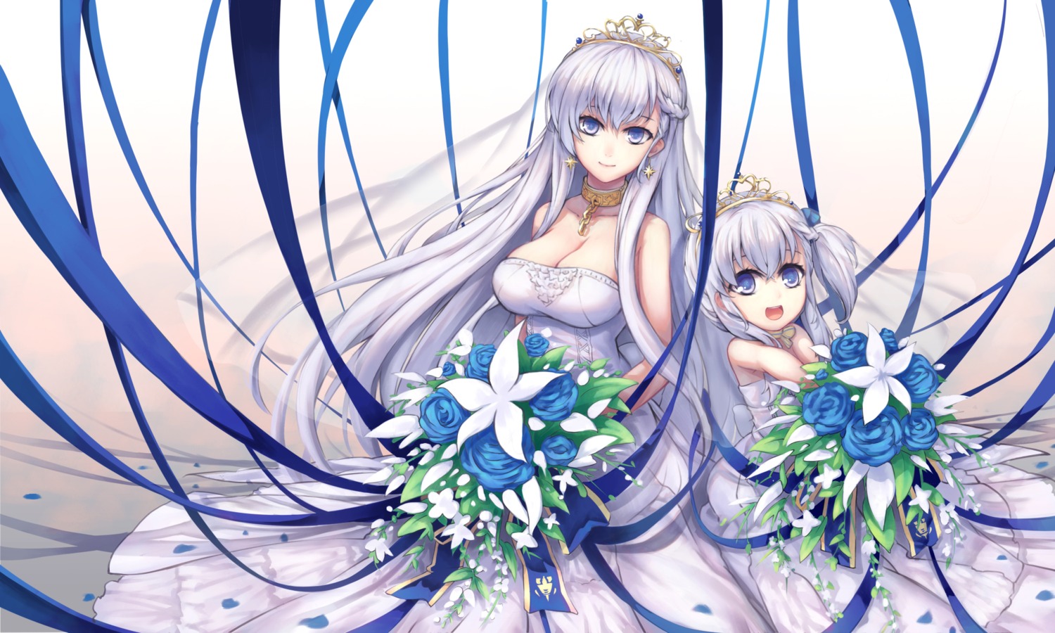 azur_lane bel-chan_(azur_lane) belfast_(azur_lane) cleavage dress duplicate tama_yu wedding_dress