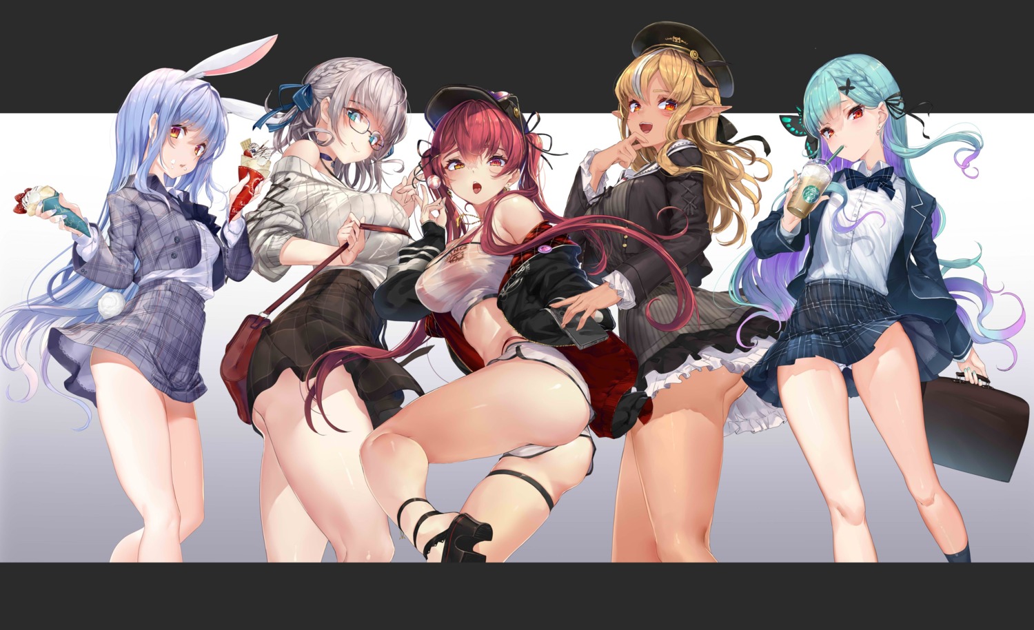 akasa_ai ass elf garter heels heterochromia hololive houshou_marine megane pantsu pointy_ears seifuku shiranui_flare shirogane_noel skirt_lift sweater uruha_rushia usada_pekora