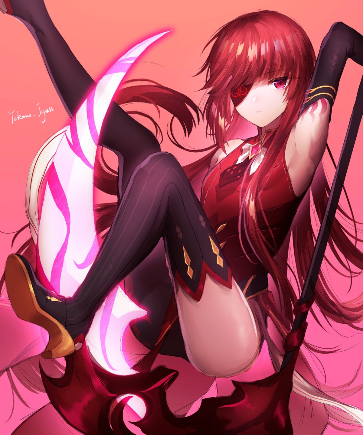 elsword eyepatch heels takano_jiyuu tattoo thighhighs weapon