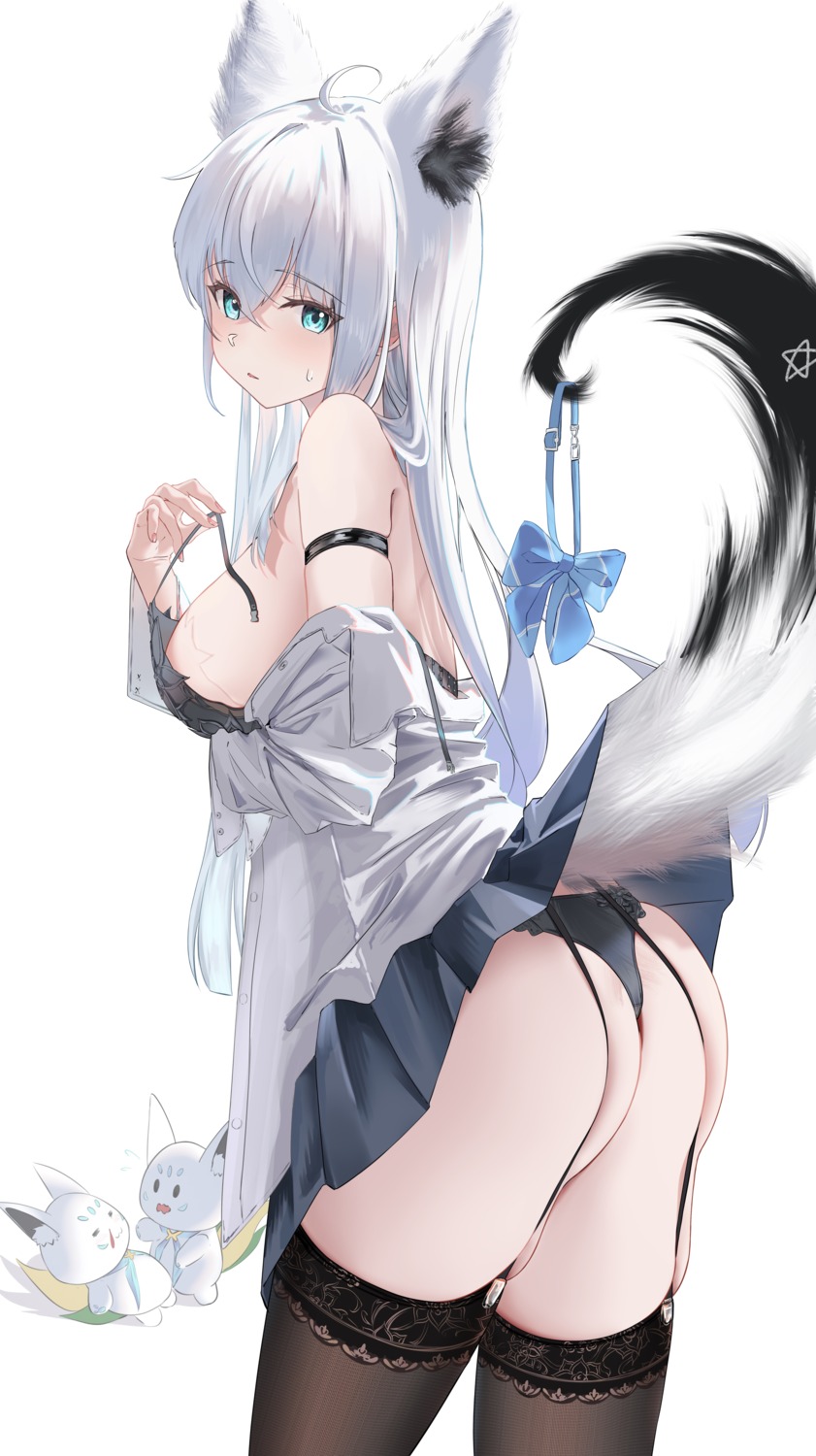 animal_ears ass bra hololive hololive_gamers kitsune open_shirt pantsu seifuku shirakami_fubuki skirt_lift stockings tail tanishi_(hetianming11093) thighhighs thong