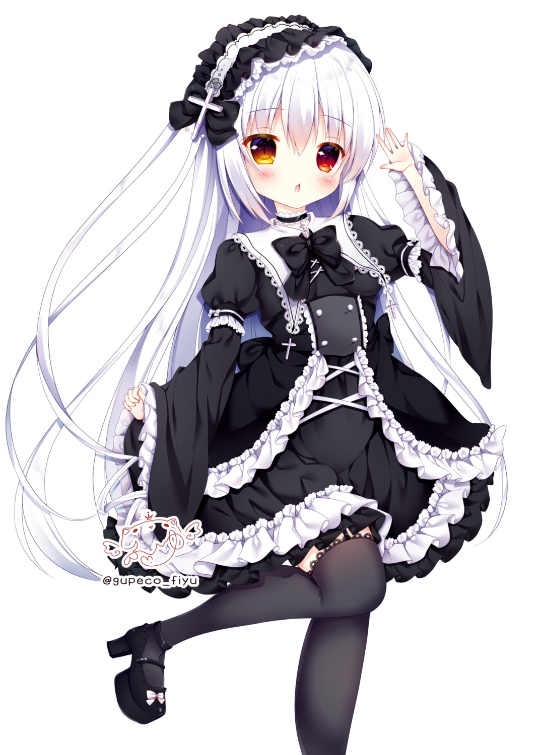 dress fuxiyu gothic_lolita heels heterochromia lolita_fashion skirt_lift stockings thighhighs