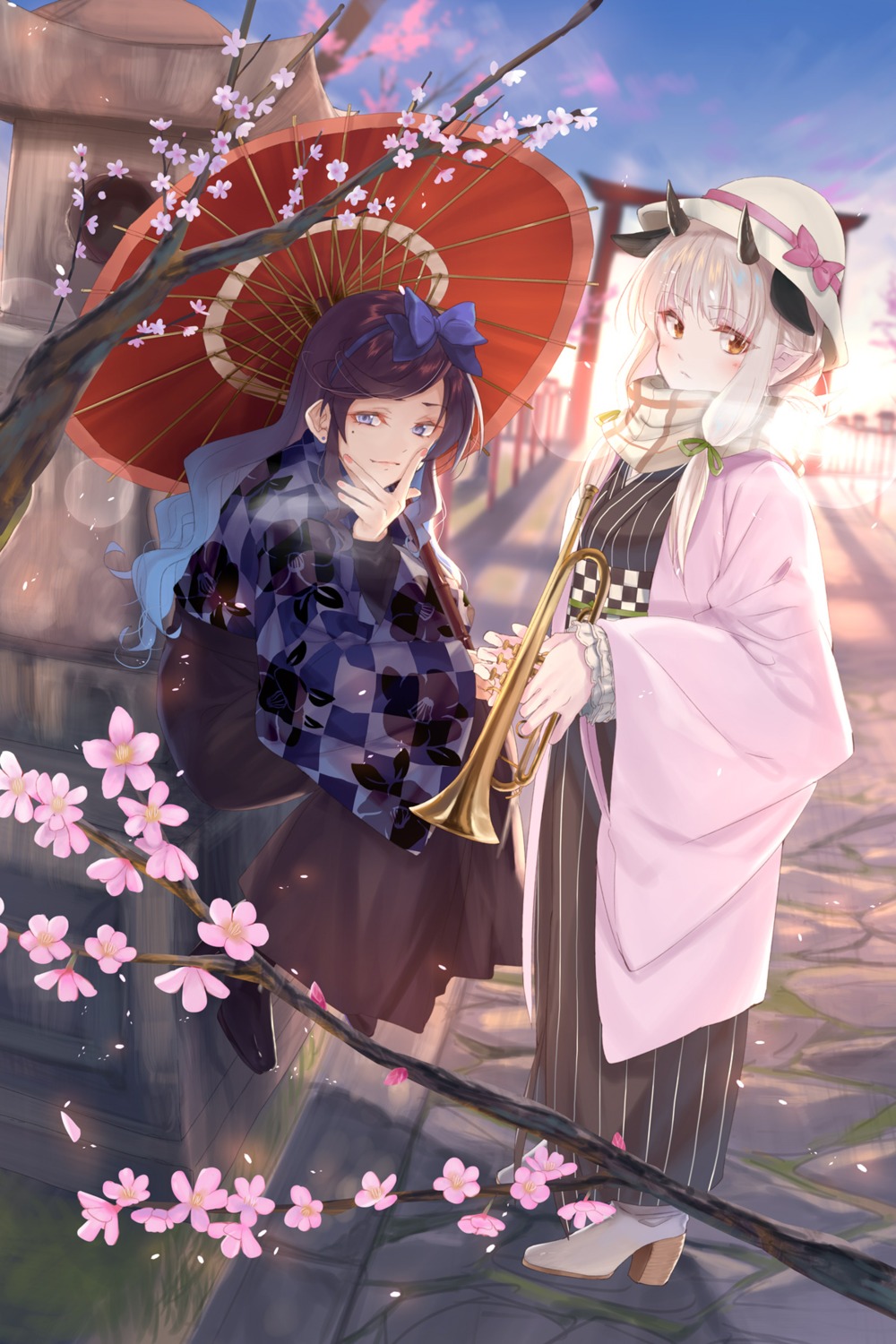 animal_ears heels horns japanese_clothes kabocha_(monkey4) kimono pointy_ears umbrella