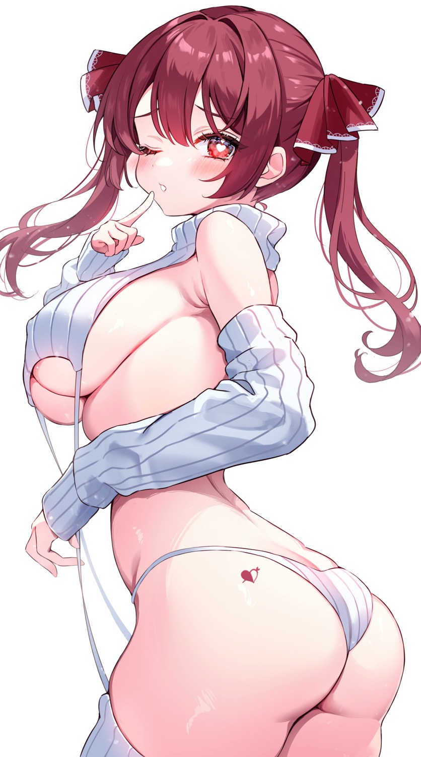 ass enepuni erect_nipples hololive houshou_marine lingerie no_bra stockings sweater tattoo thighhighs thong