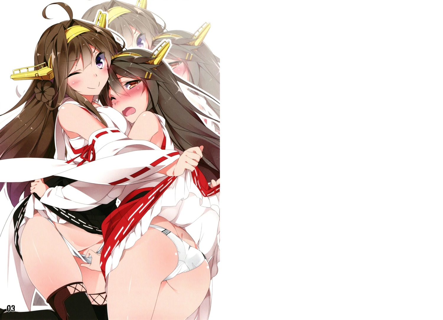 haruna_(kancolle) japanese_clothes kantai_collection kongou_(kancolle) mtu open_shirt pantsu