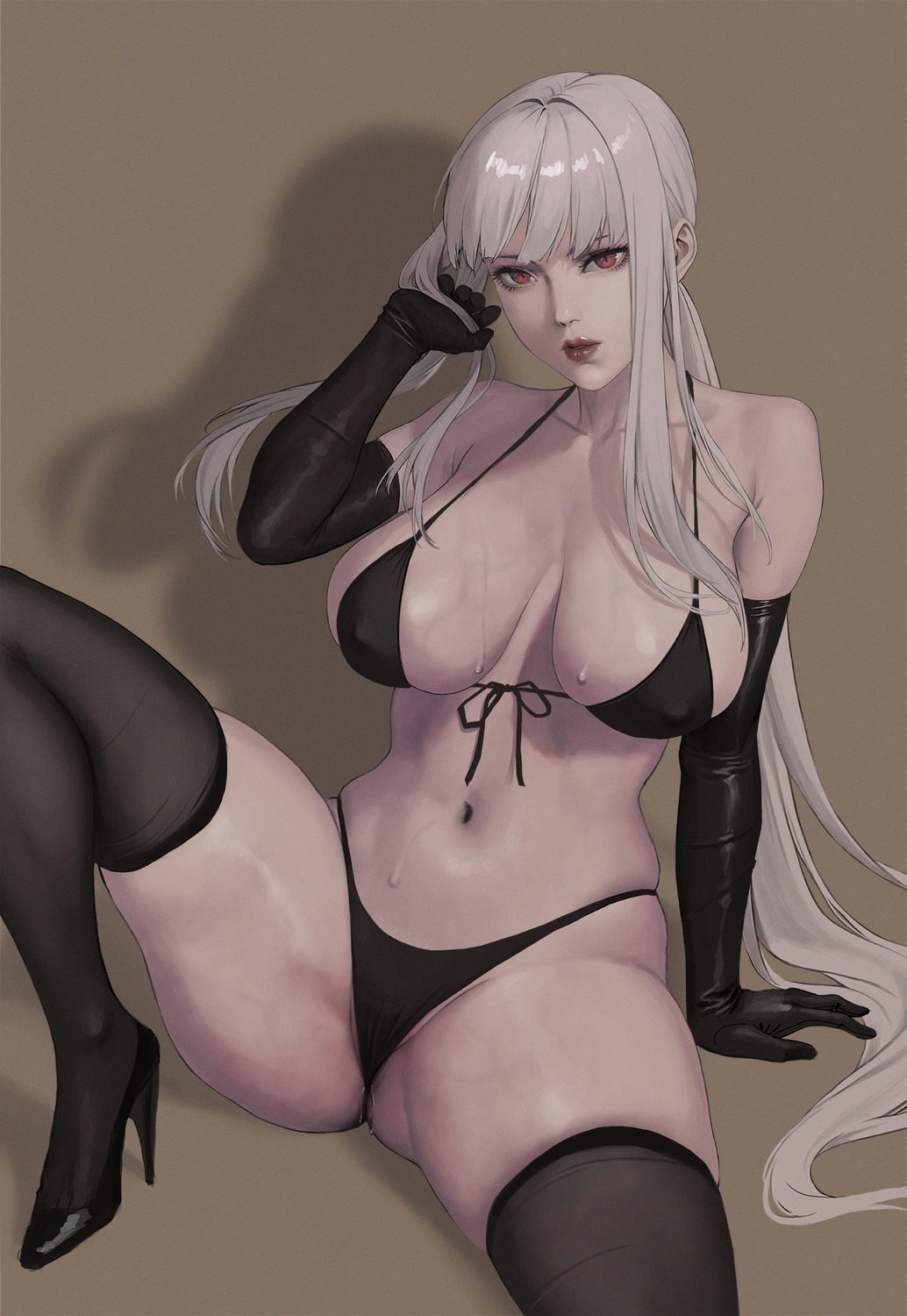 bikini erect_nipples final_fantasy final_fantasy_xiv heels janggun omega_f_(final_fantasy_xiv) swimsuits thighhighs thong