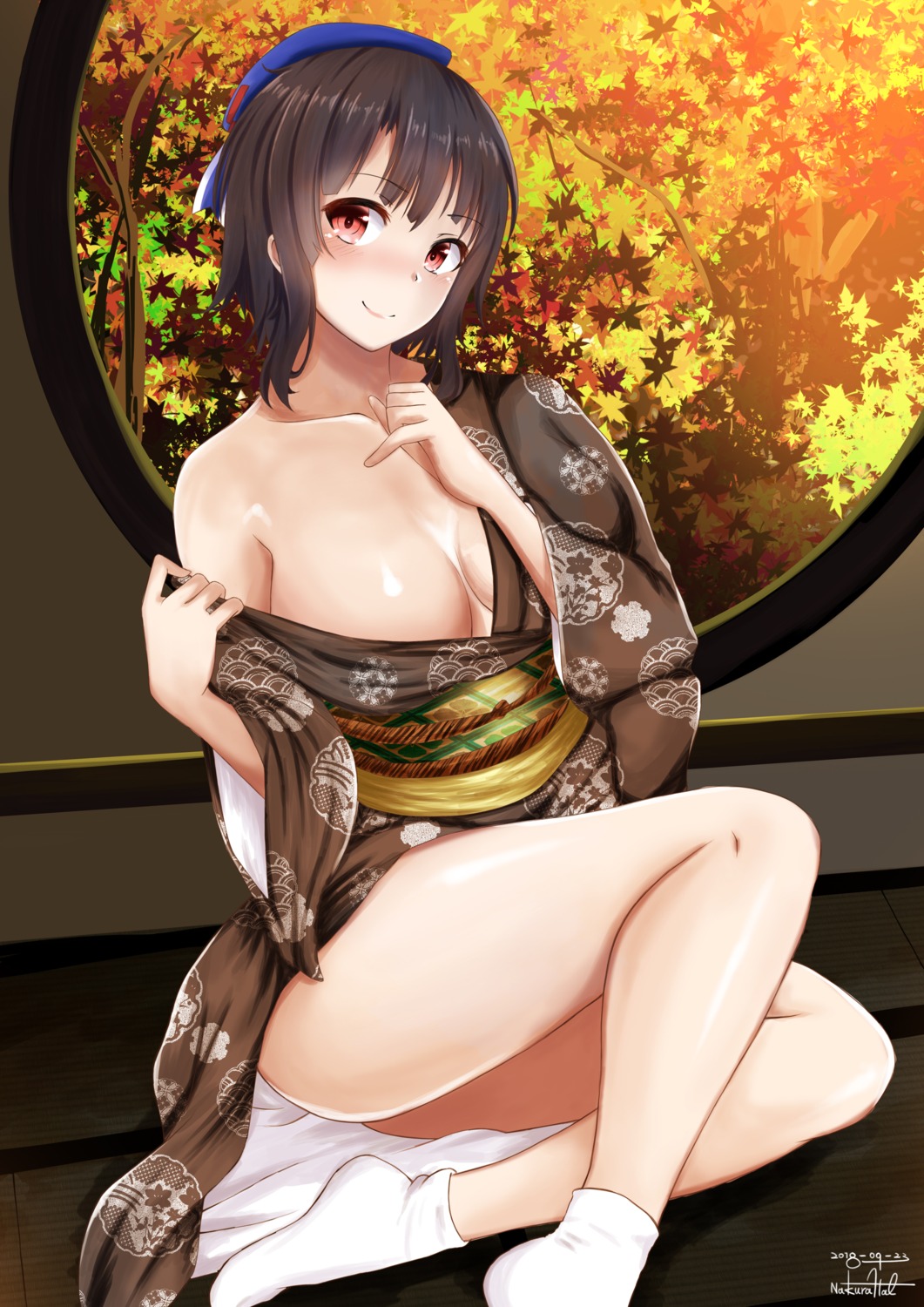 breast_hold kantai_collection kimono nakura_haru no_bra open_shirt takao_(kancolle) undressing