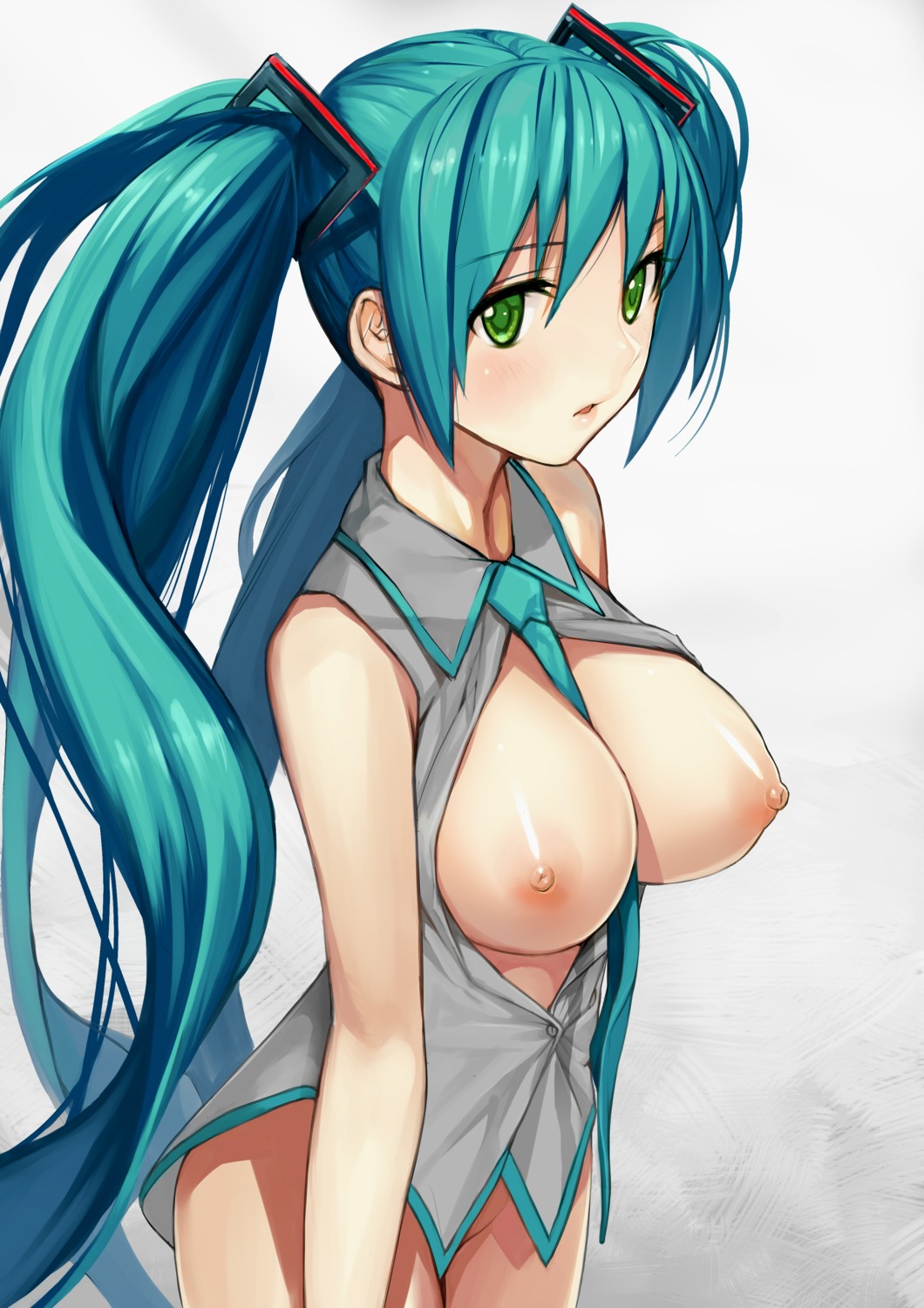 bottomless breasts gaou_(matsulatte) hatsune_miku nipples no_bra open_shirt vocaloid