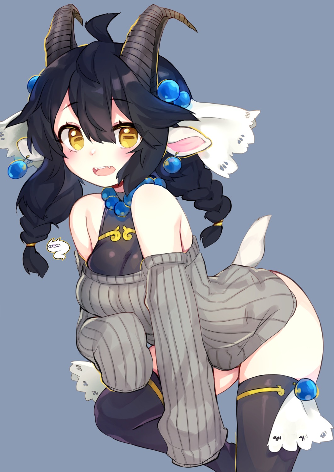 animal_ears bottomless breast_hold horns monster_girl niniidawns sweater tail thighhighs