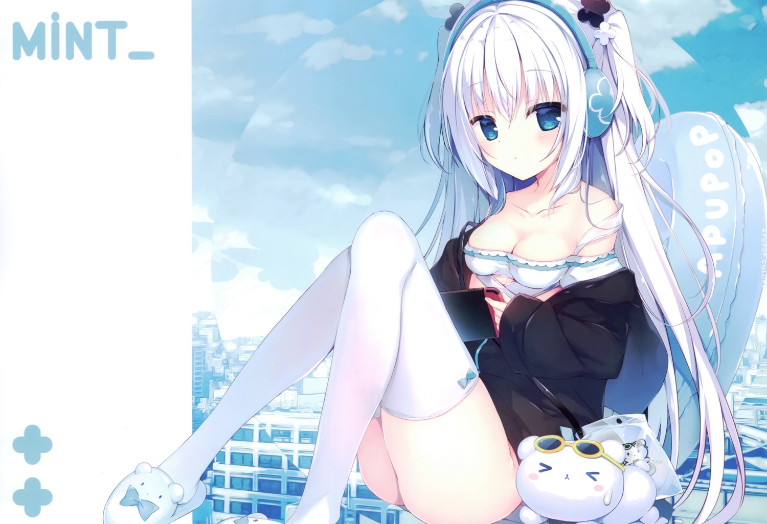 aisu_mint apupop bra cleavage headphones megane muku_(apupop) open_shirt thighhighs