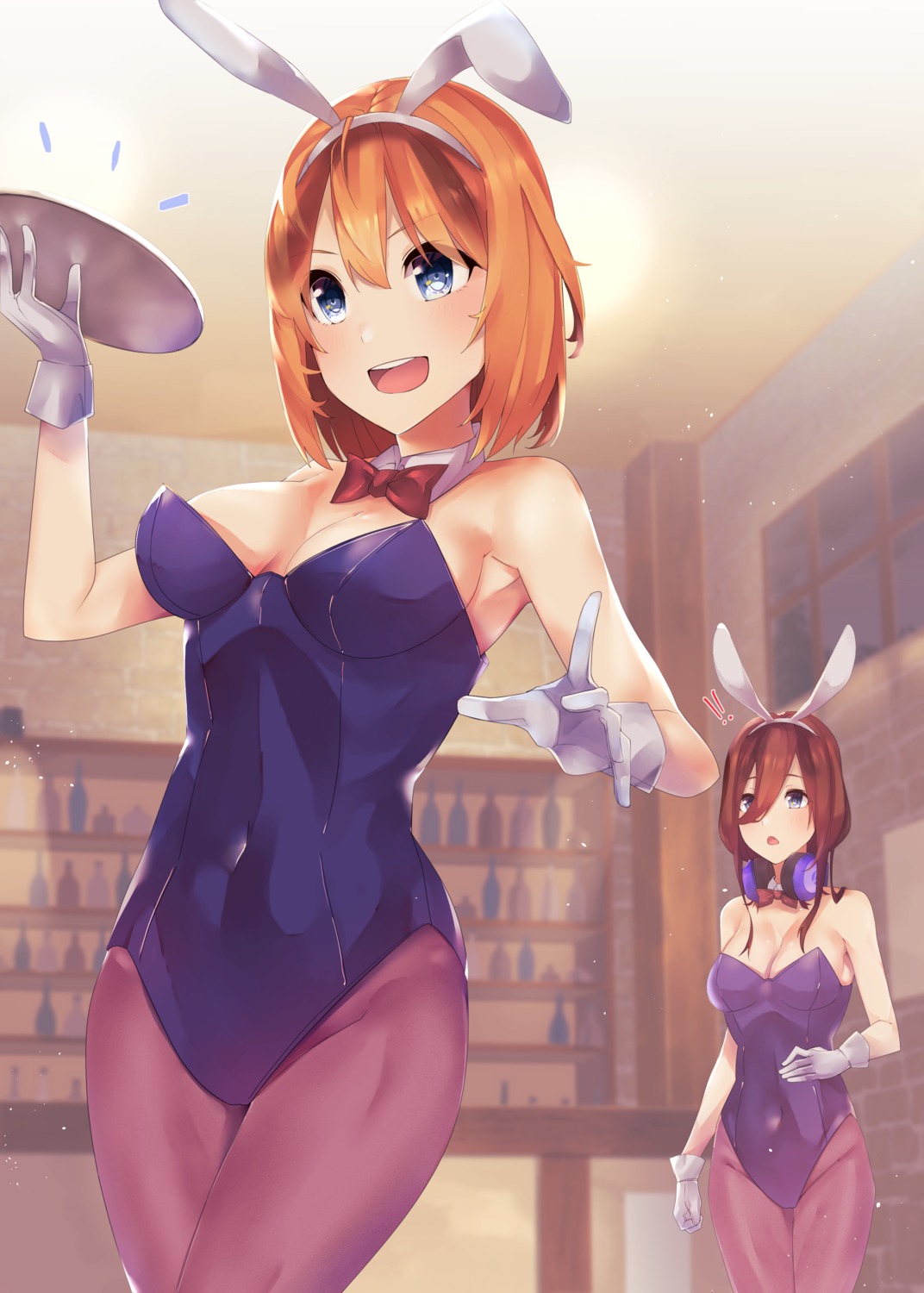 5-toubun_no_hanayome animal_ears bunny_ears bunny_girl cleavage headphones nakano_miku nakano_yotsuba nikku_hikikomori no_bra pantyhose