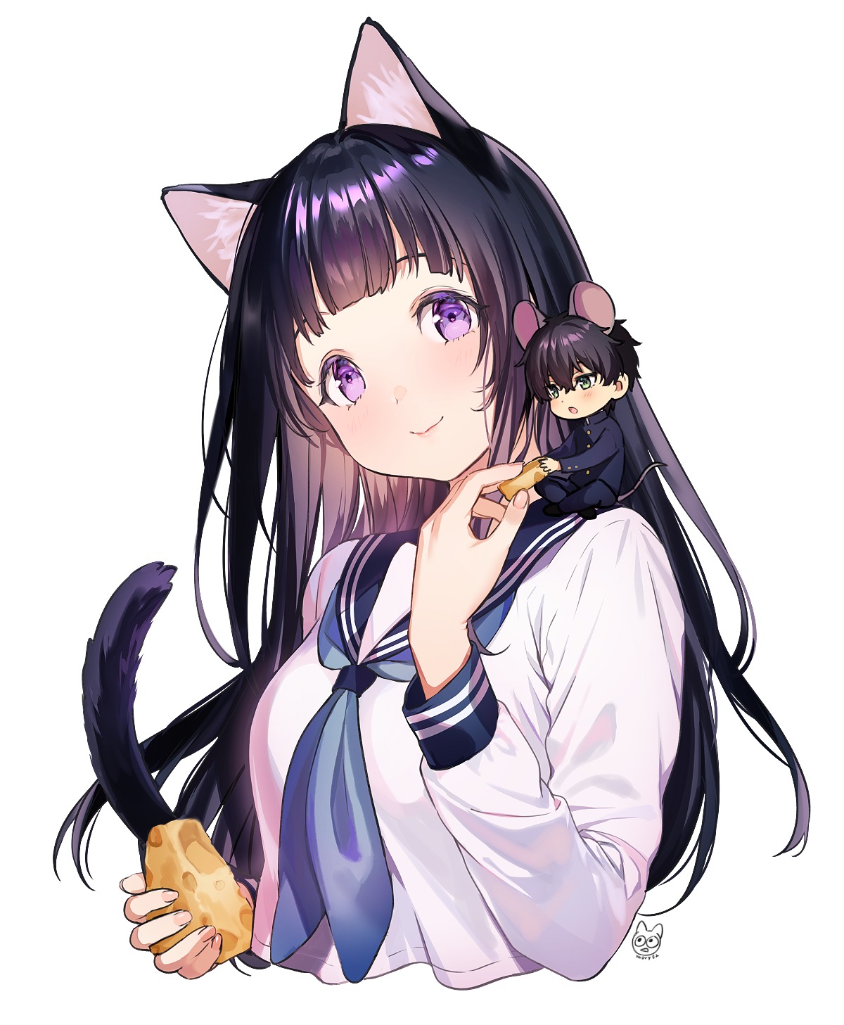 animal_ears chibi chitanda_eru hyouka mery_(yangmalgage) nekomimi oreki_houtarou seifuku tail