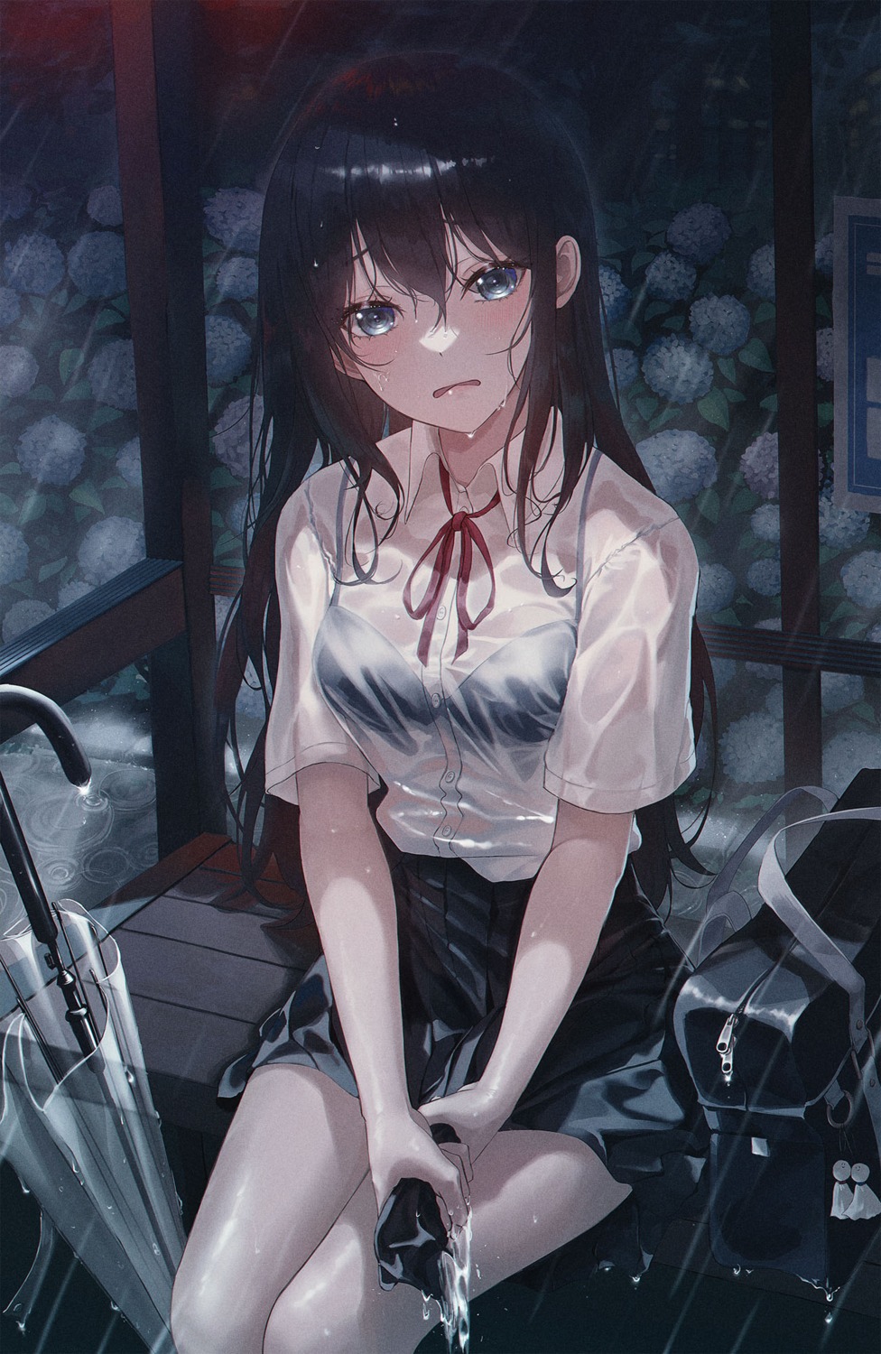 bra hhl_(ggul80hg58) see_through seifuku umbrella wet wet_clothes