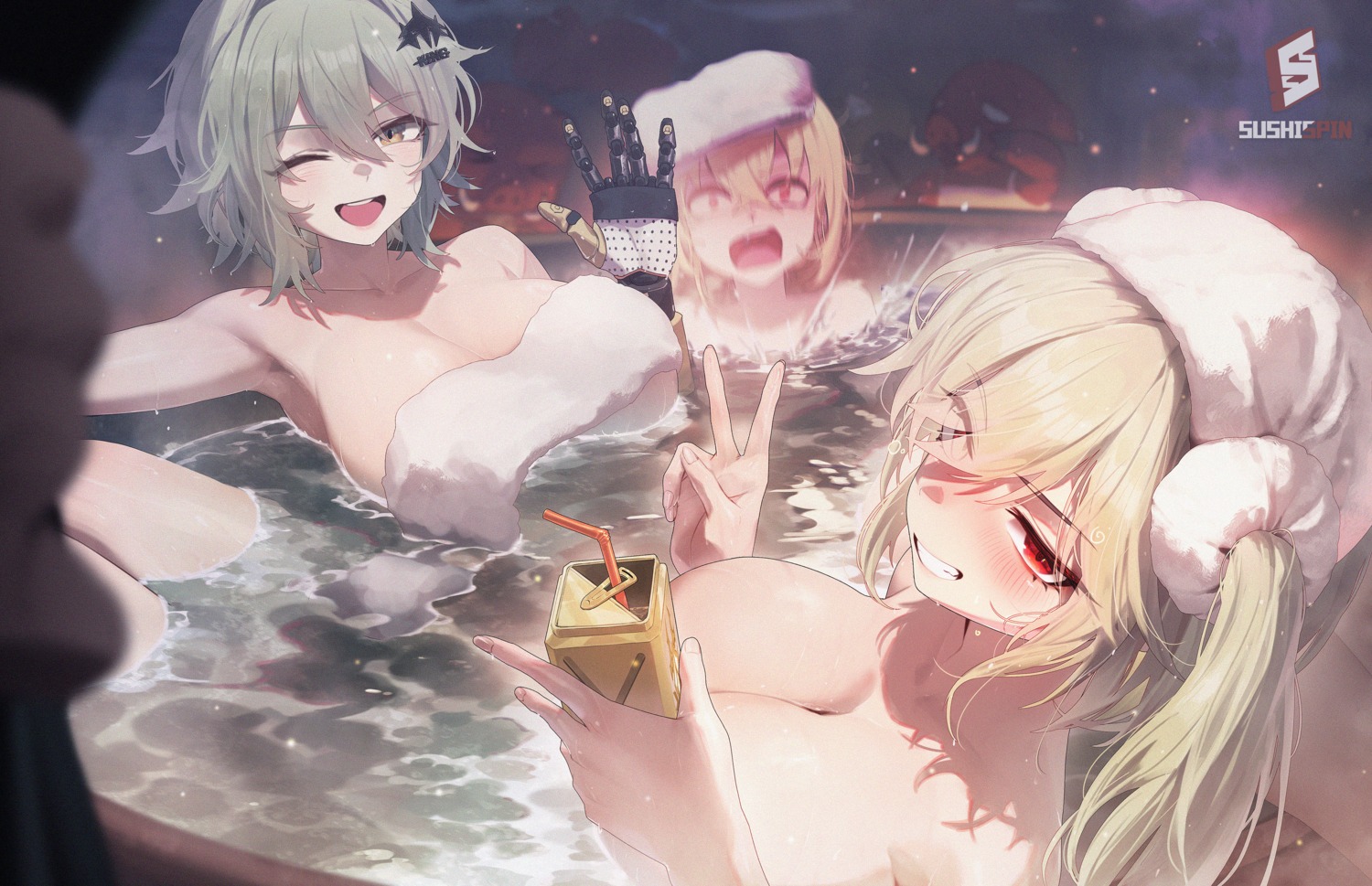 bathing burnice_white caesar_king luciana_de_montefio mecha_musume sushispin topless towel wet zenless_zone_zero