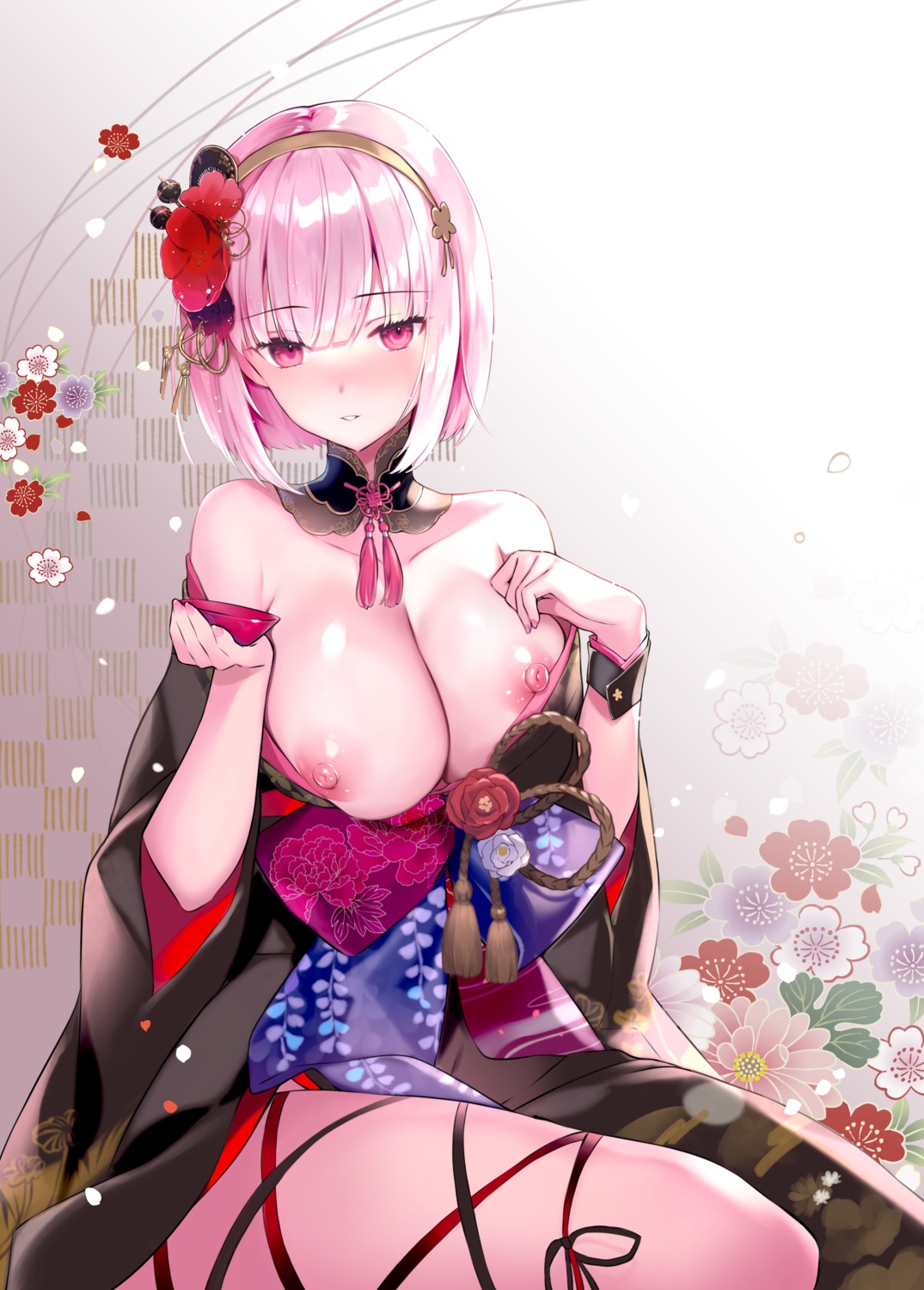 breasts hololive hololive_english kimono mori_calliope nipples no_bra open_shirt rei