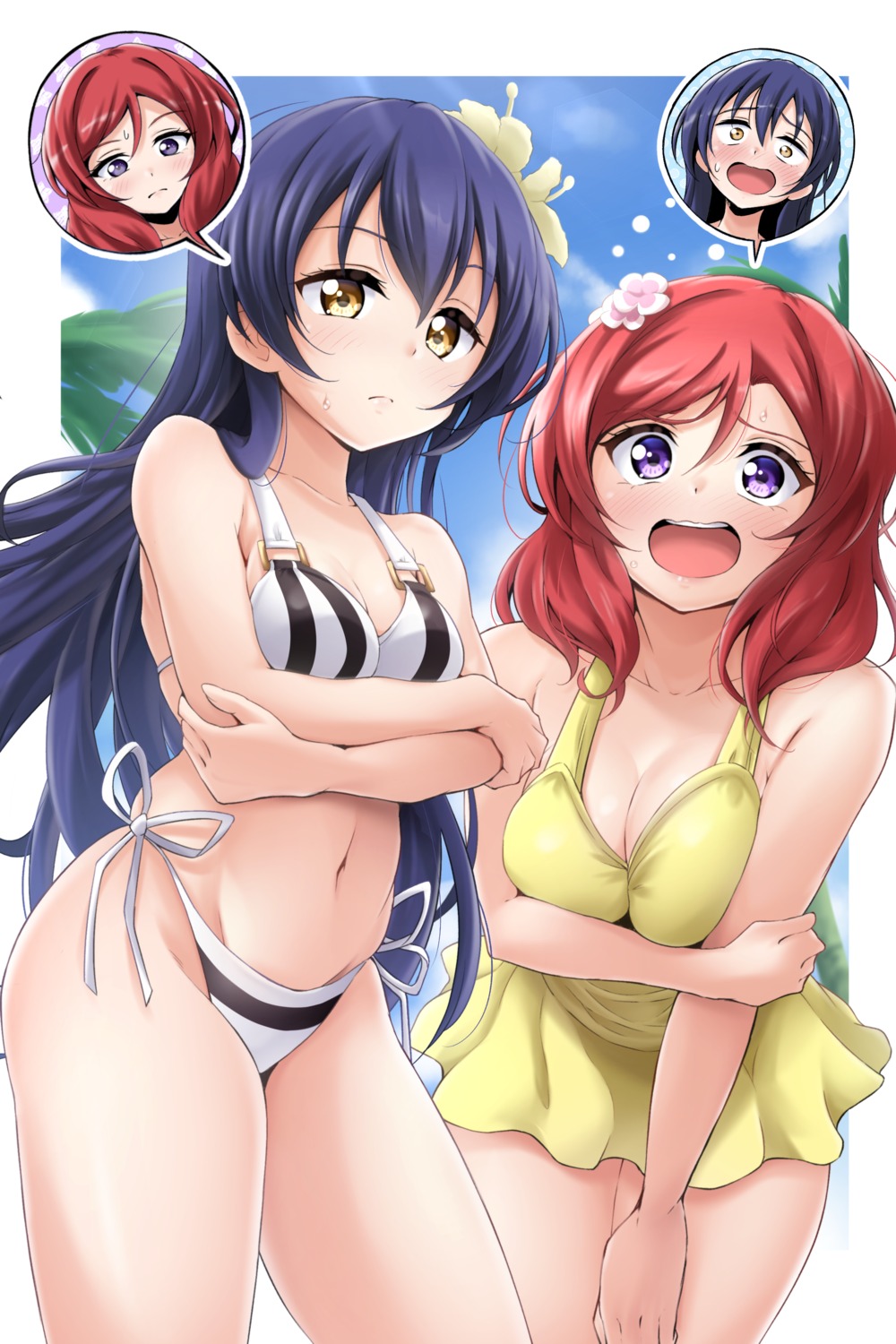 bikini breast_hold cleavage kirisaki_reina love_live! nishikino_maki sonoda_umi swimsuits