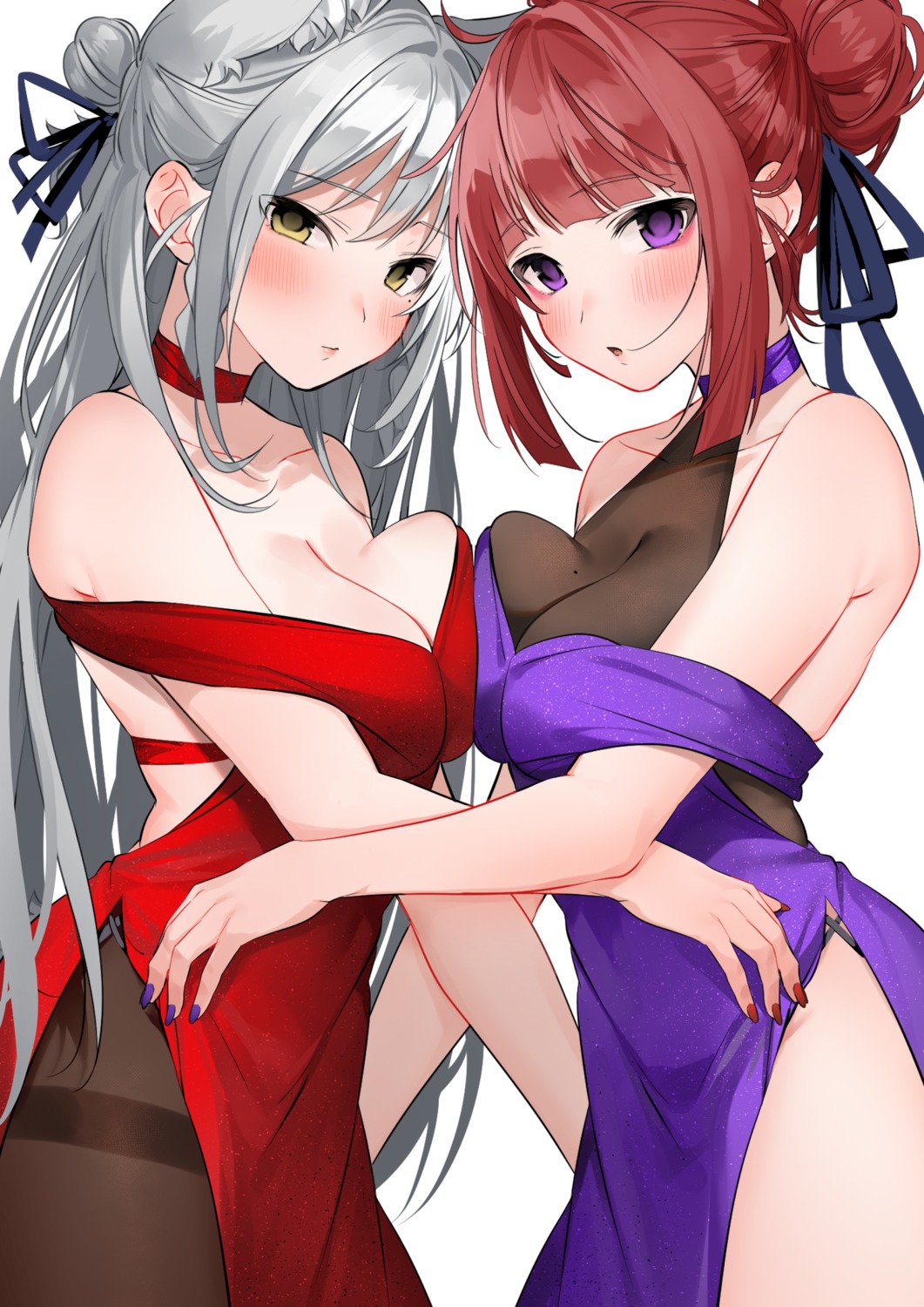 aliasing cleavage dress no_bra pantyhose skirt_lift symmetrical_docking transparent_png xretakex yuri