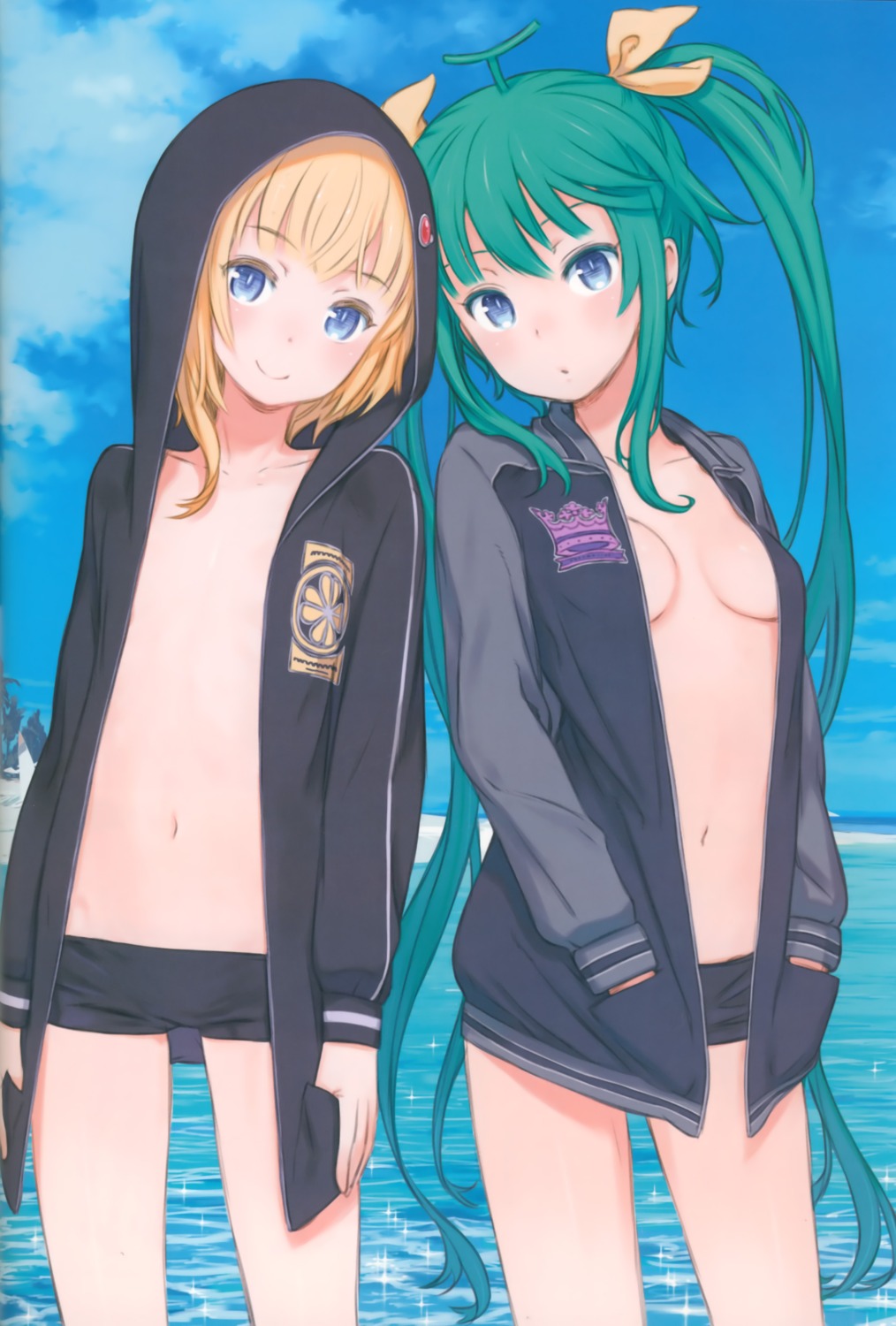 cleavage hatsune_miku kagamine_rin kuroboshi_kouhaku no_bra open_shirt vocaloid