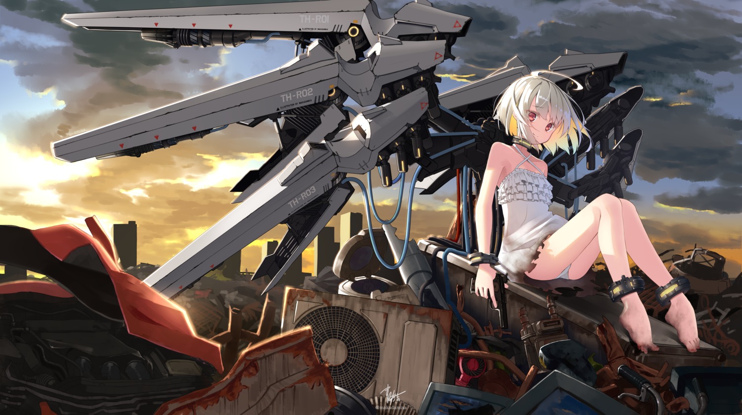 dress feet gun makadamixa mecha_musume pantsu skirt_lift summer_dress torn_clothes wings