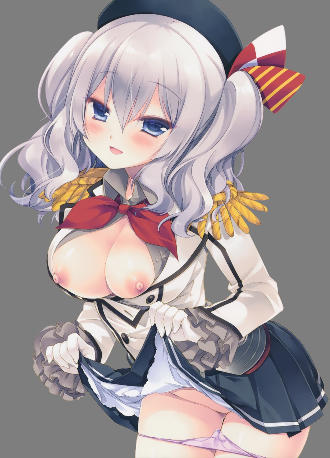 breasts detexted kantai_collection kashima_(kancolle) miyasu_risa nipples no_bra open_shirt pantsu panty_pull photoshop skirt_lift transparent_png uniform