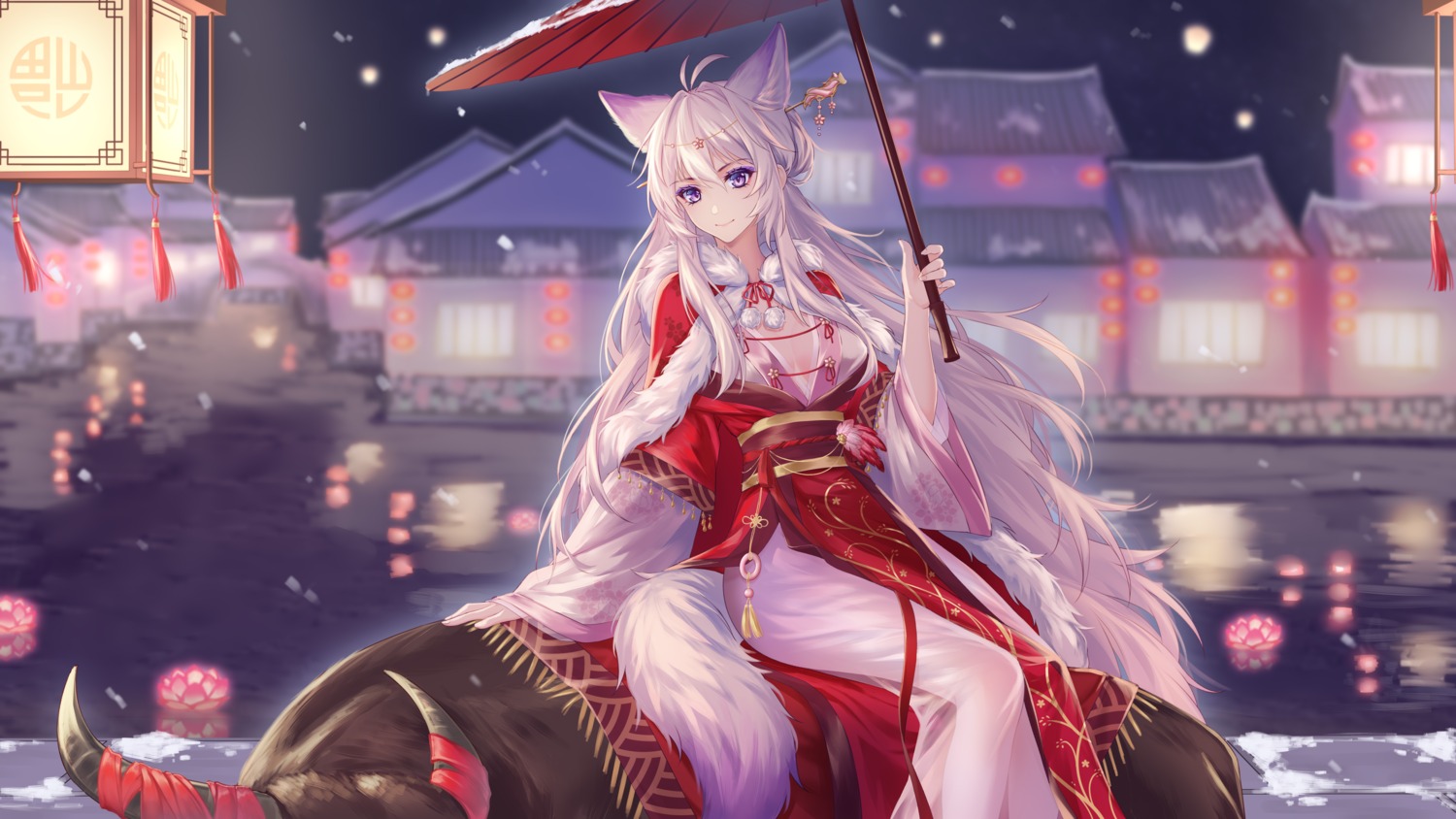 animal_ears artist_revision asian_clothes cleavage kirby_d_a kitsune no_bra see_through tail umbrella