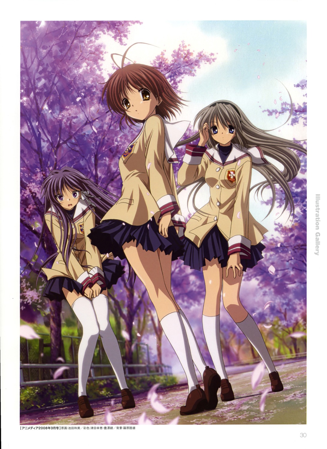 clannad fujibayashi_kyou furukawa_nagisa ikeda_kazumi sakagami_tomoyo seifuku thighhighs