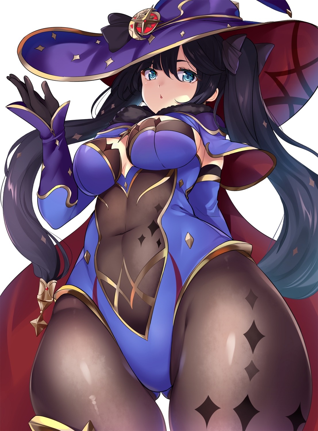 garter genshin_impact hinata_sora leotard mona_megistus no_bra pantyhose witch