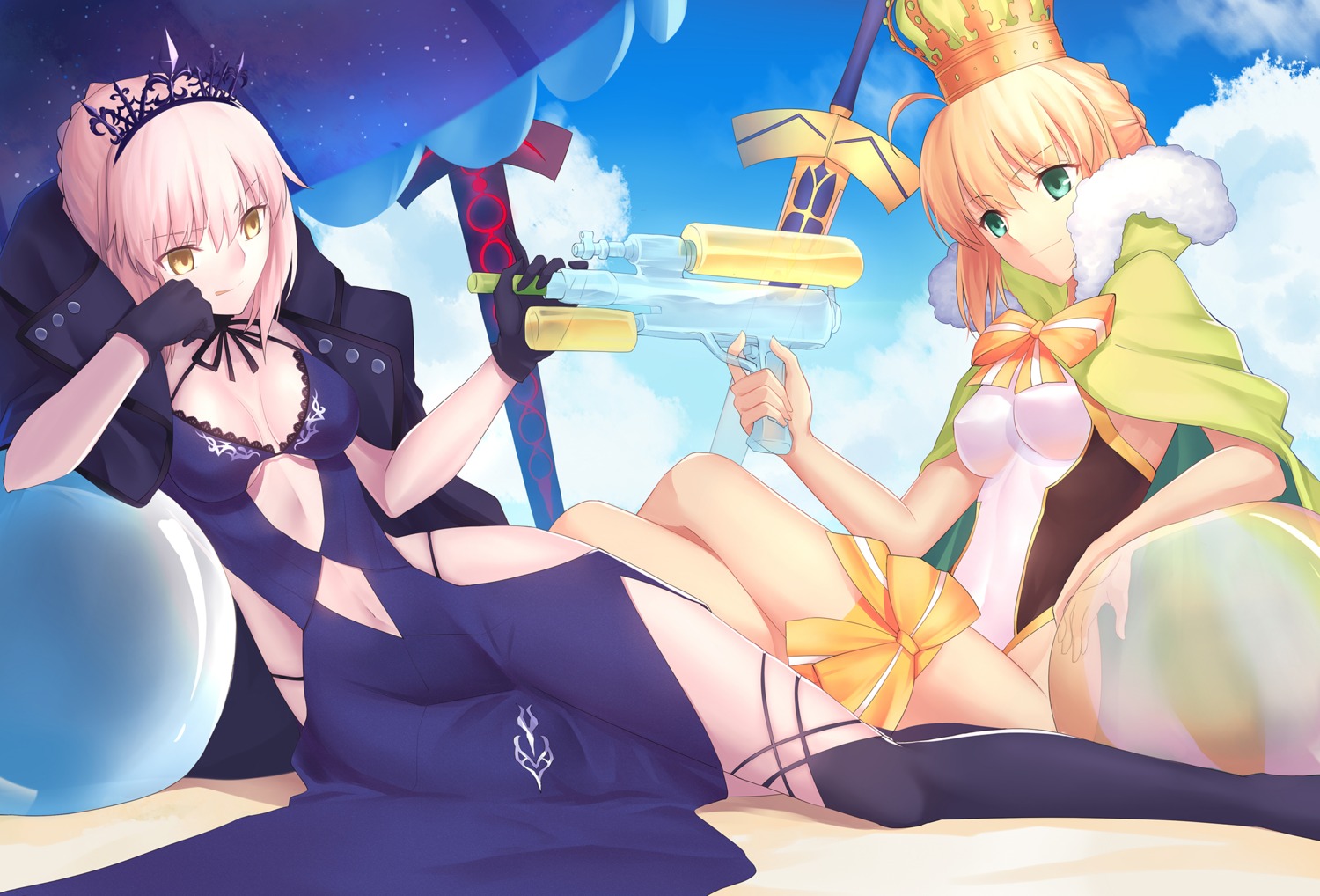 cleavage dress fate/grand_order gogatsu_fukuin gun saber saber_alter swimsuits sword thighhighs