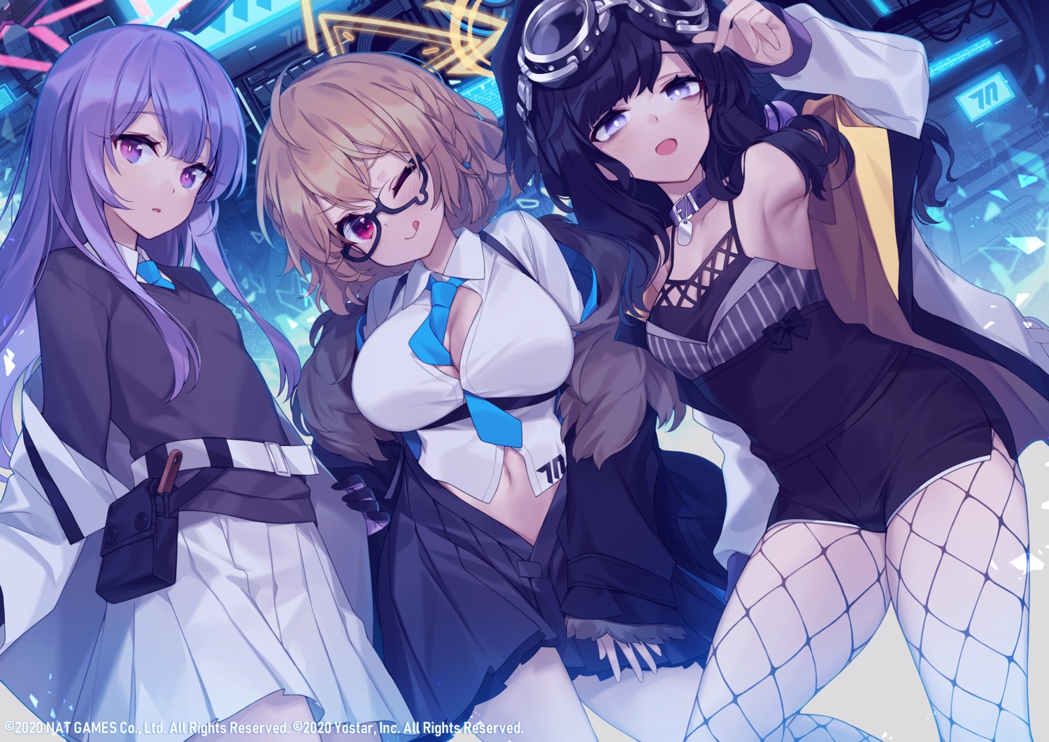 animal_ears blue_archive cleavage fishnets halo inumimi megane nekozuka_hibiki no_bra open_shirt pantyhose seifuku shiroishi_utaha sweater takotsu toyomi_kotori