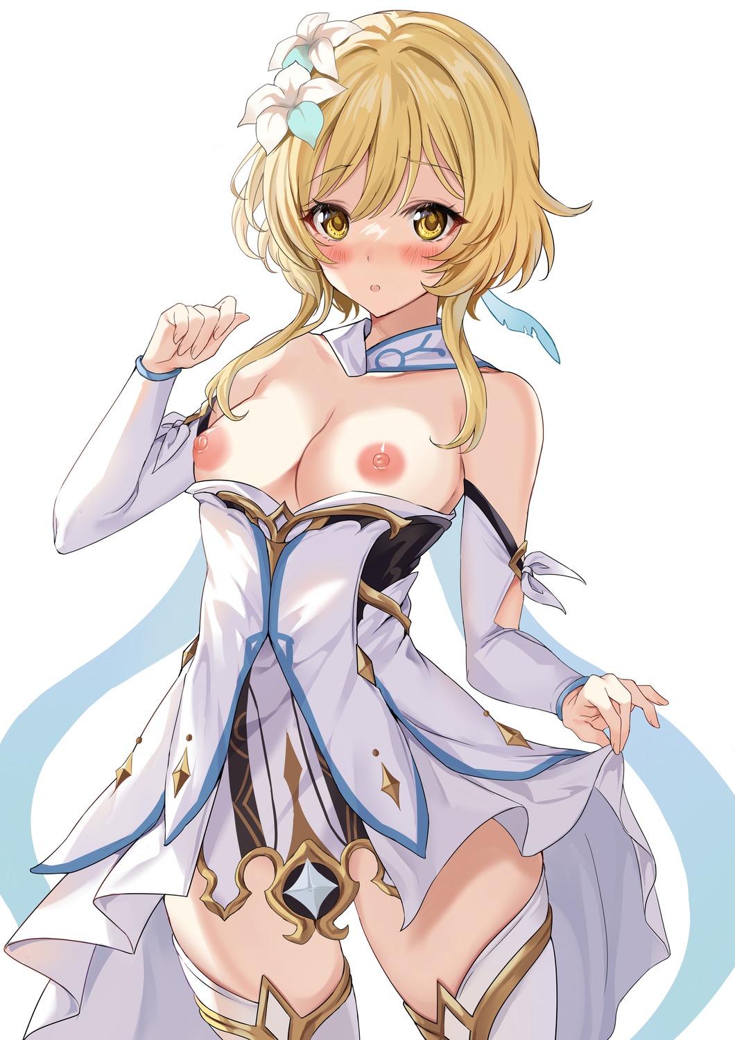 breasts genshin_impact harimoji lumine nipples no_bra skirt_lift thighhighs