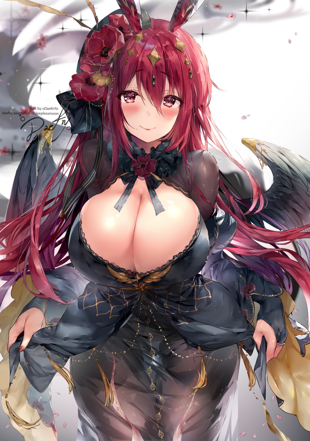 animal_ears bunny_ears cleavage dress no_bra odaefnyo open_shirt pantyhose wings