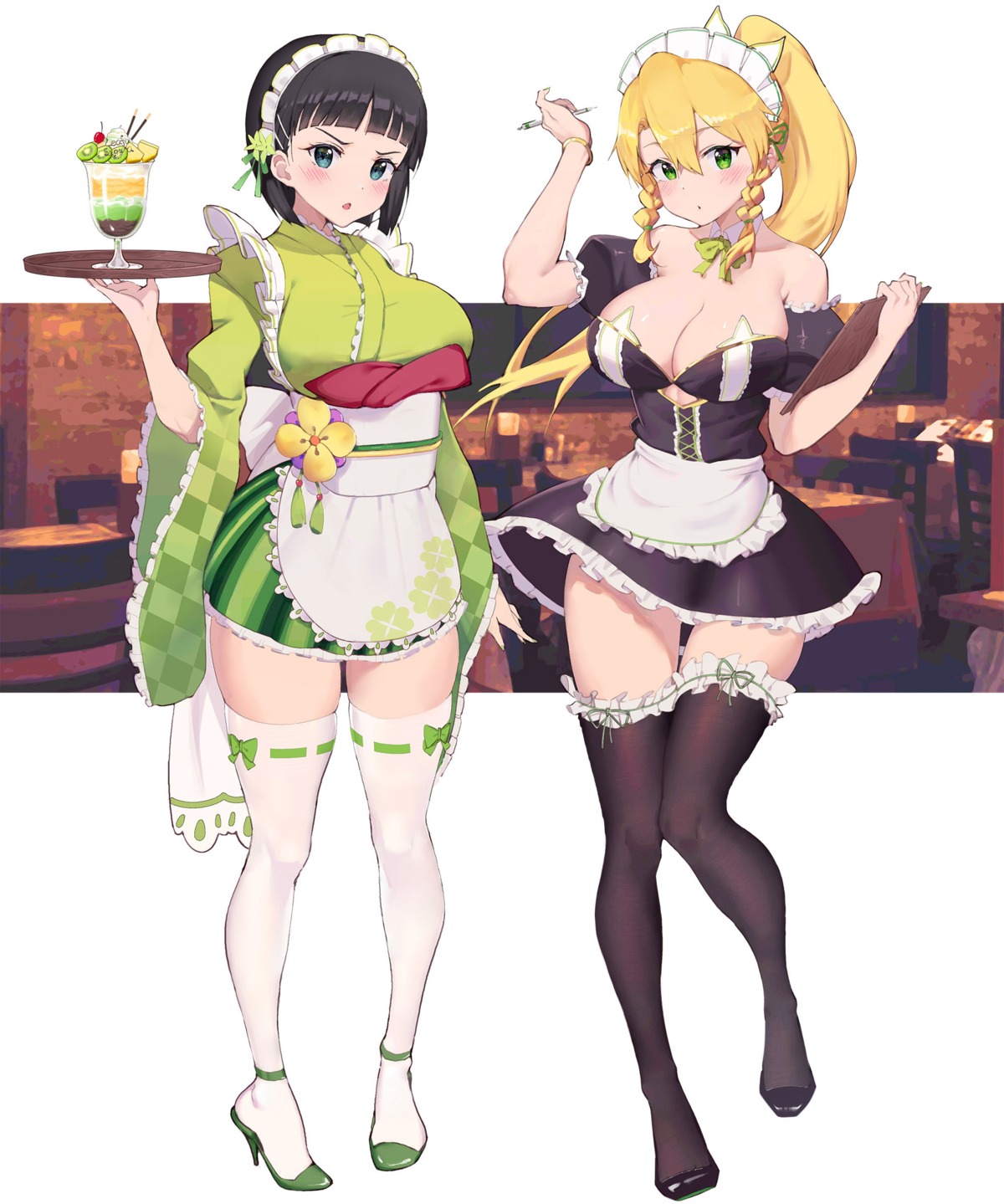 chou_shippai-saku cleavage kirigaya_suguha leafa maid sword_art_online thighhighs wa_maid waitress